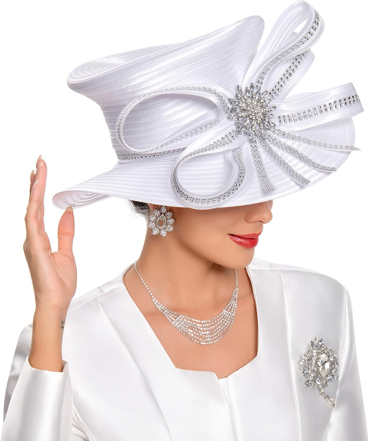 Women's Church Hat for Baptism Wedding Wide Brim Rhinestone Fascinator Sunday Chapel Tea Party Hat