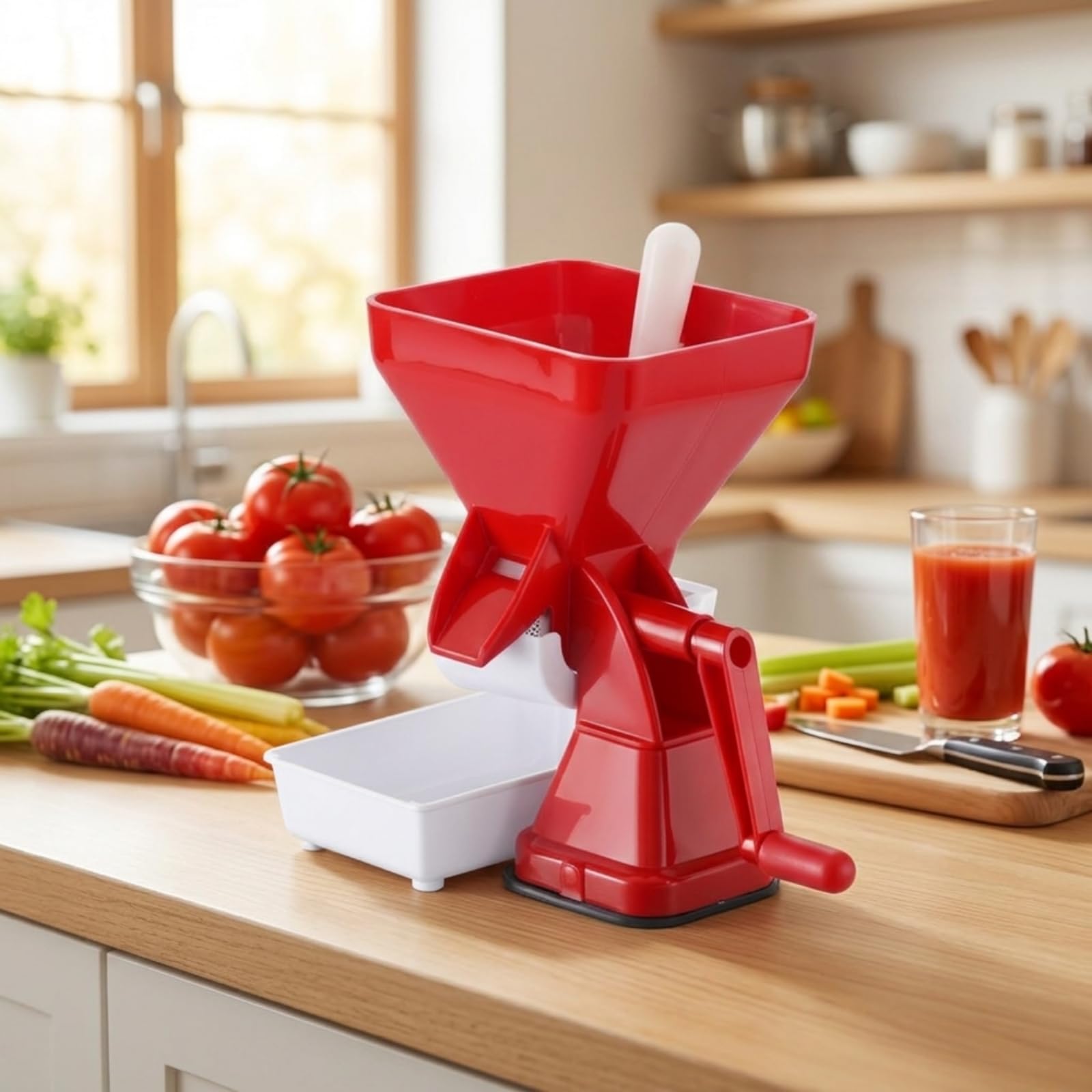 Exprimidor de Tomates Manual Licuadora Colador con Suave y Tolva Rectangular con Empujador Estructura Estable de PP PVC Apto para Cocina Casera Encimera Conservas