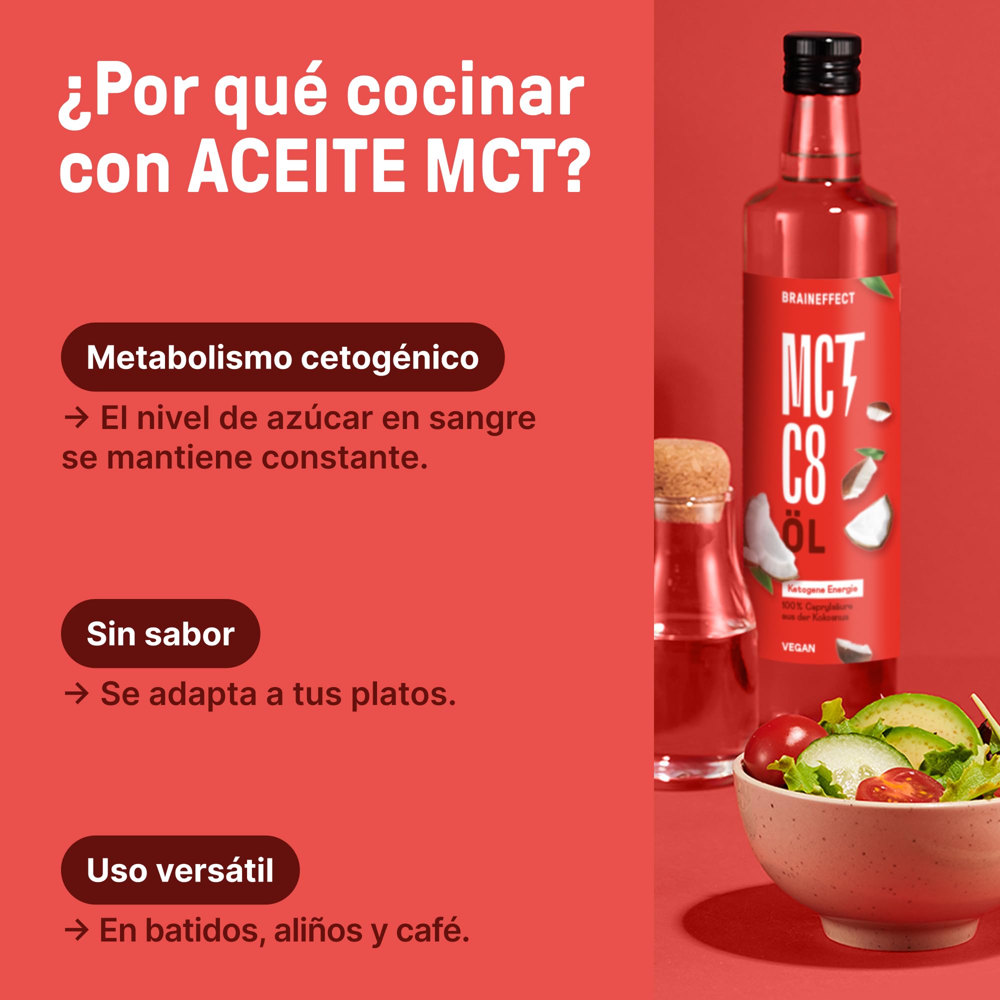 BRAINEFFECT Aceite MCT 100% C8 - Calidad alemana - Aceite C8 puro (sin C10) extracto de coco de primera calidad - 1000 ml - Botella metálica protectora