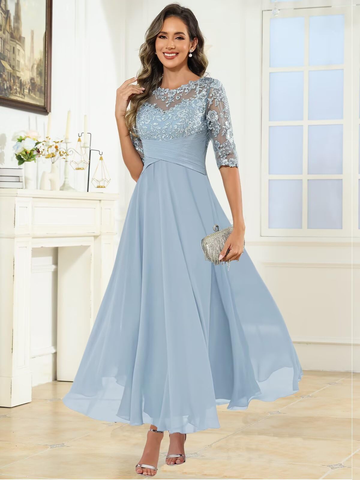 HUINI Damen Brautmutterkleid Chiffon Lang - Spitzen Formales Abendkleid Kleider Halbärmel A-Linie Festliche Für Hochzeit