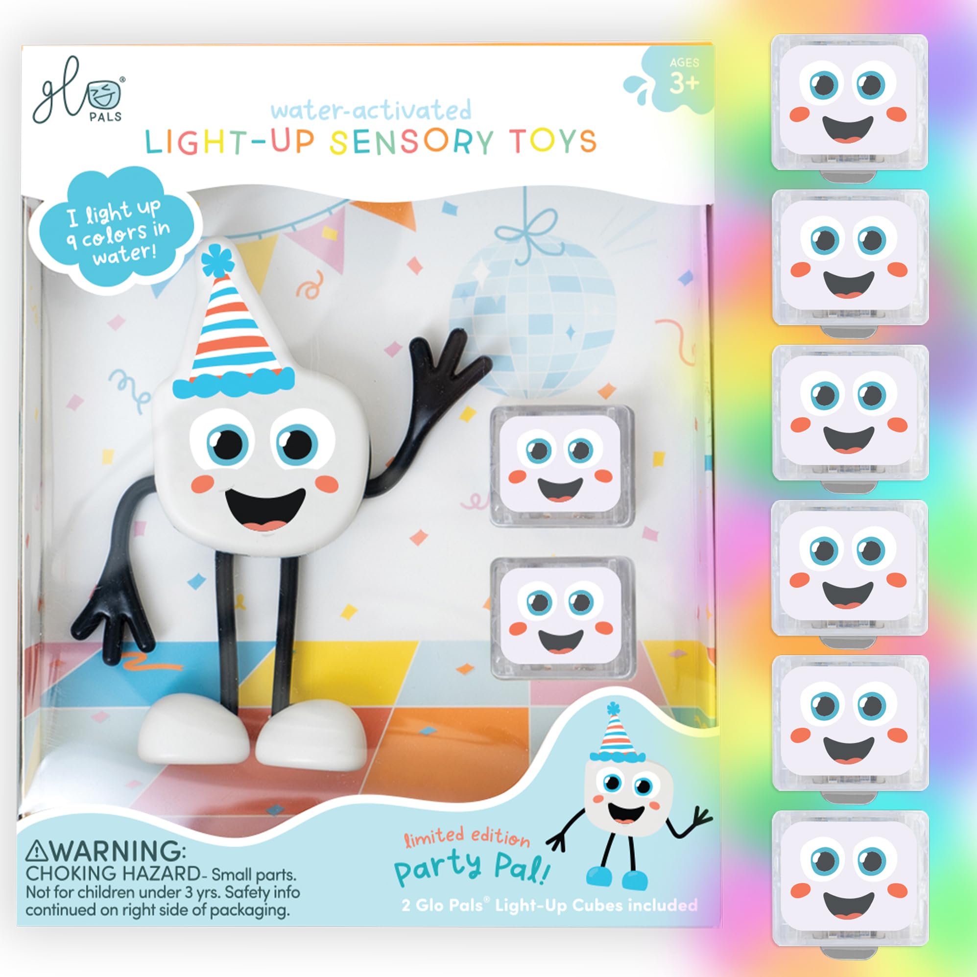 Glo Pals New Party Pal Water Activated Bath Toy with 6 Reusable Light Up Cubes for Sensory Play