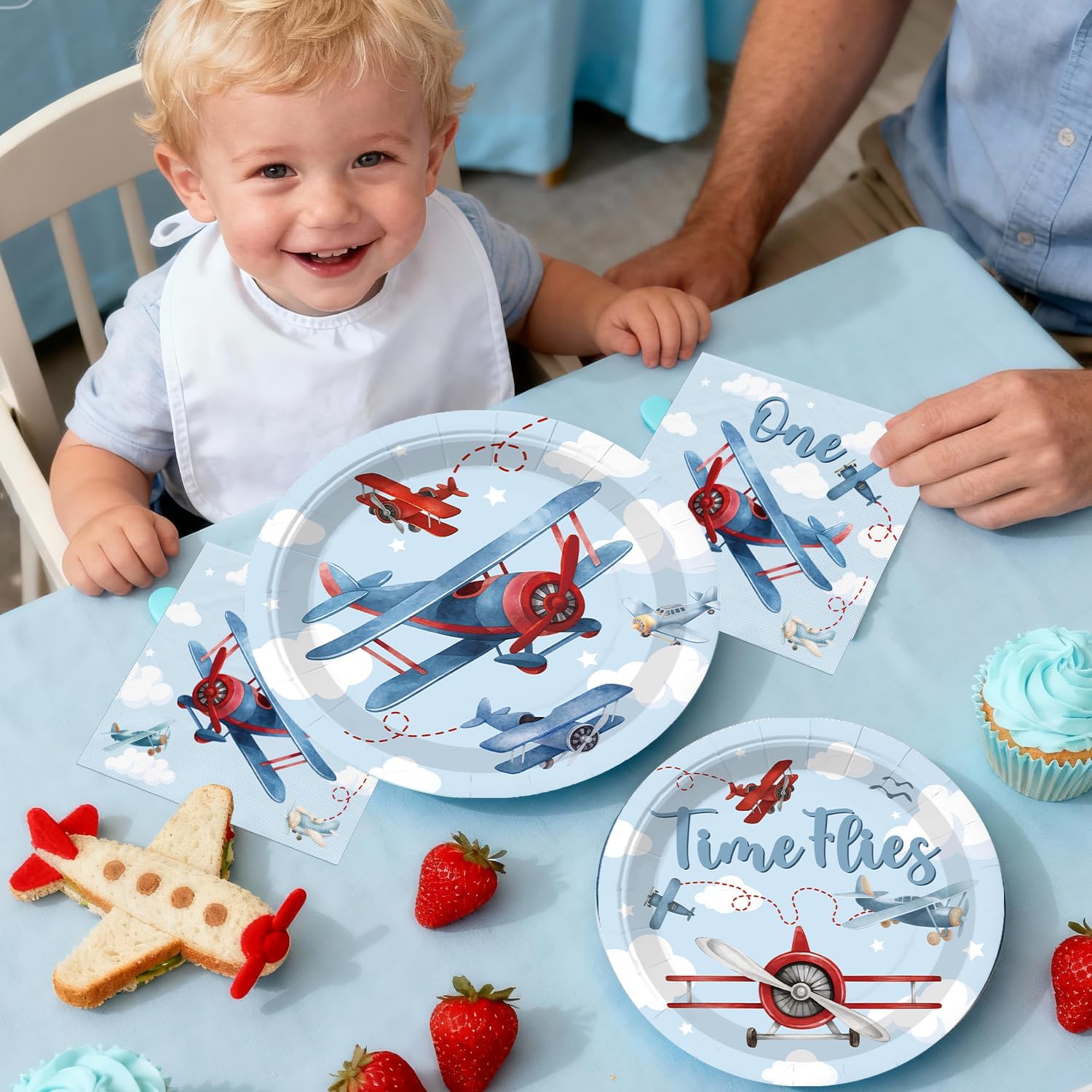 212 Pcs Airplane 1st Birthday Party Decorations, Time Flies Vintage Airplanes Party Paper Plates Napkins Set with 2 Pcs How Time Flies Table Cloth Plane Themed 1st Birthday Decorations Boy and Girl