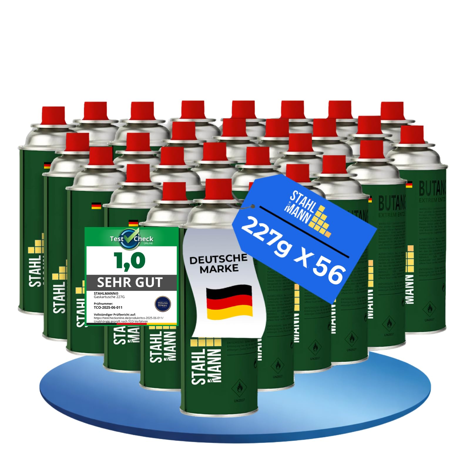 STAHLMANN® Gaskartuschen 227g [Made in EU] – Butangas Kartusche mit MSF-1a Ventil für Campingkocher, Grill, Gaskocher, Gasheizung,Unkrautbrenner – Gaskartuschen (56x 227g)