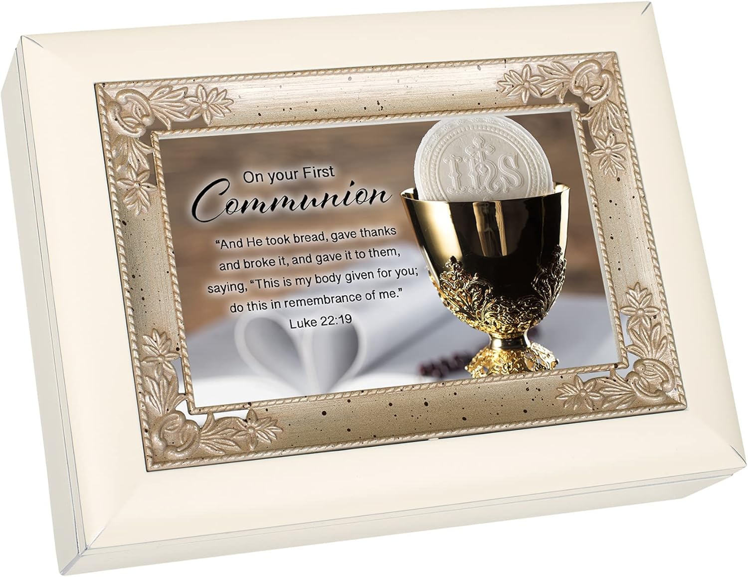 Cottage Garden On Your First Communion Ivory Italian Style Jewelry Music Box Plays Ave Maria