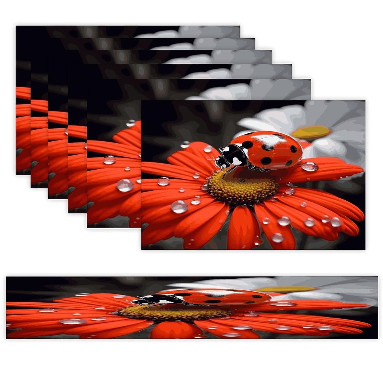 Ladybug Daisy Table Runner and Placemats Set of 6 Modern Art Table Runners Table Mats Heat Resistant Non-Slip Place Mats Washable Linen Dining Mat Sets for Kitchen