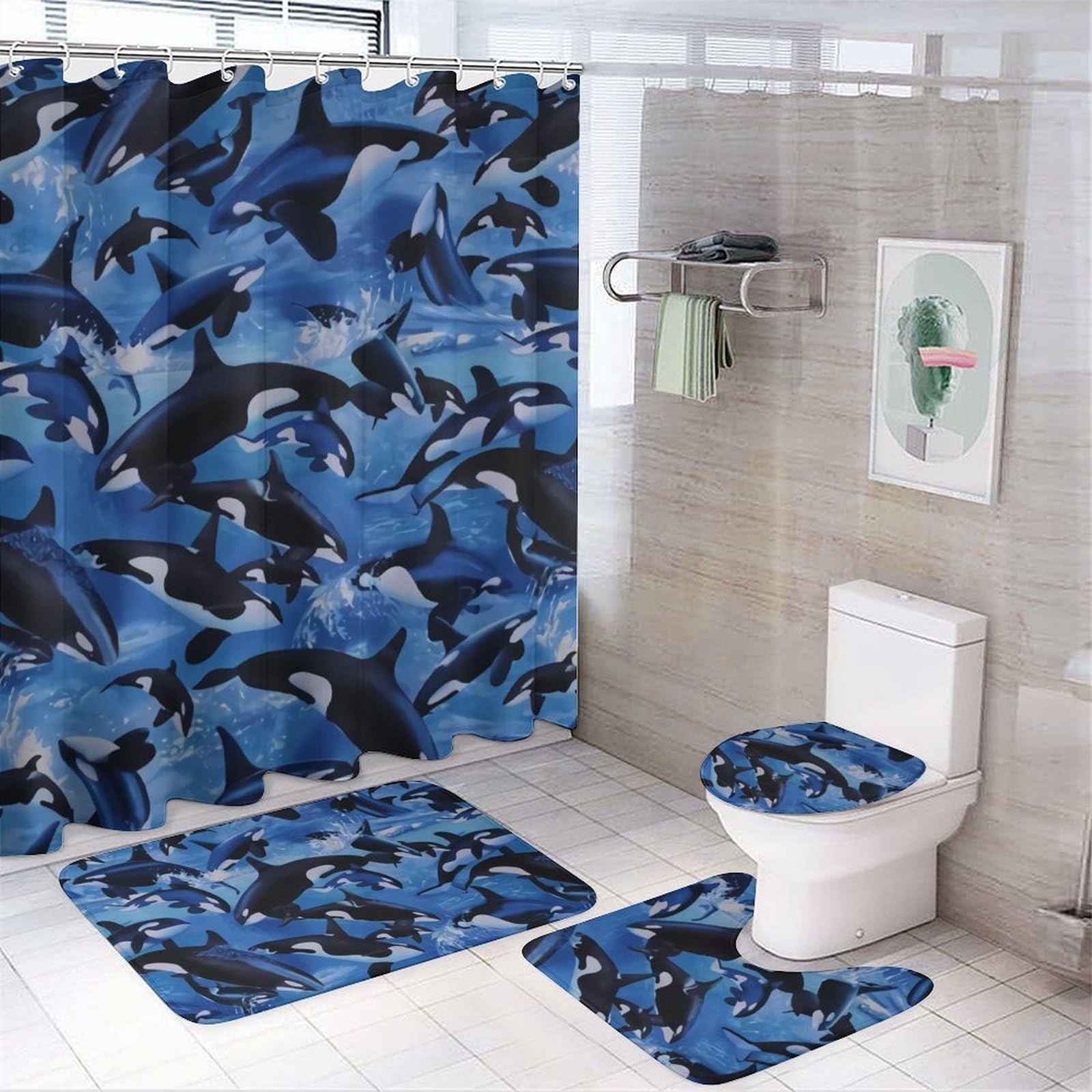 CGSBNGHA Killer Whale Orca Shower Curtain Set 4 Piece Bathroom Sets with Rugs Toilet Lid Cover And U-Shaped Floor Mat