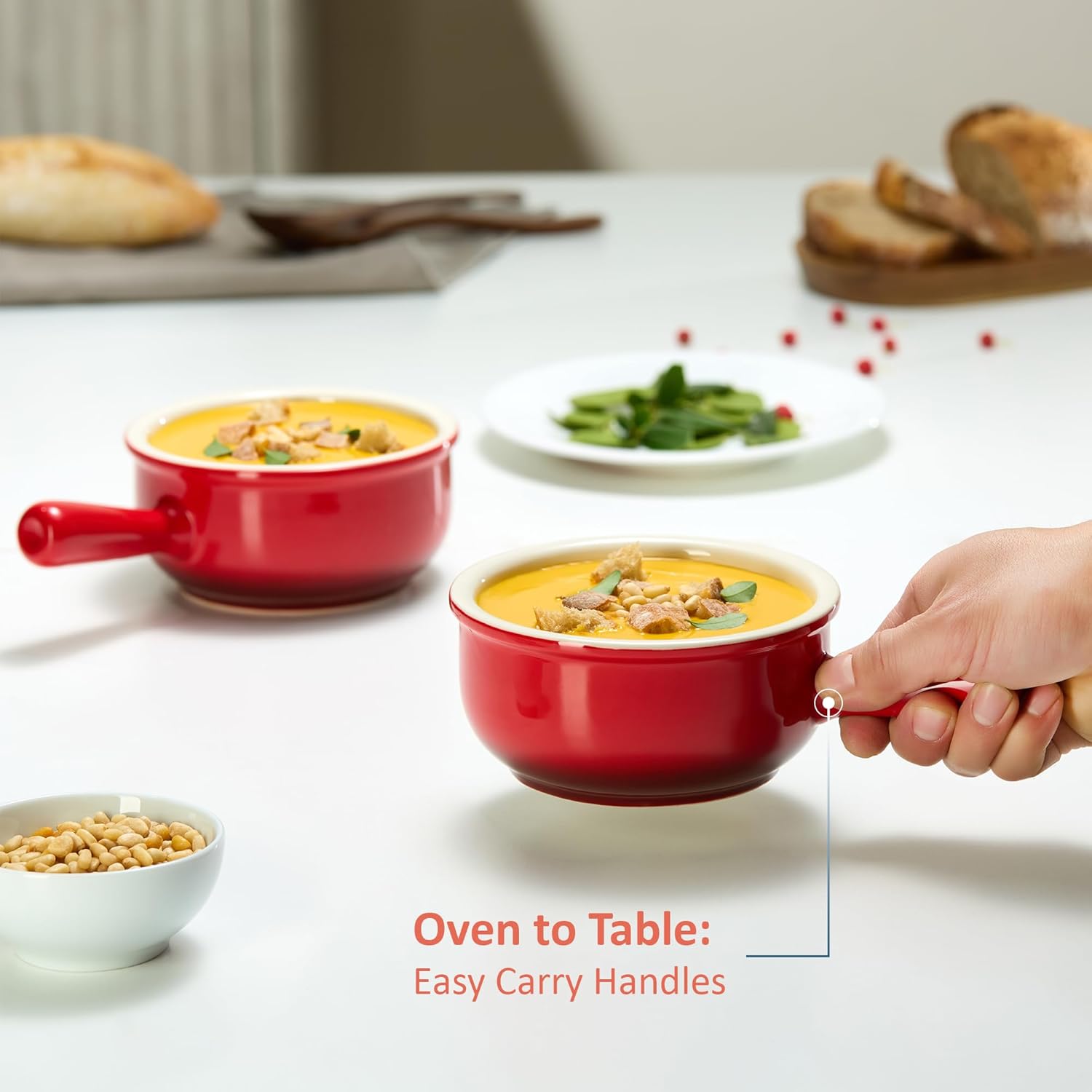 KooK French Onion Soup Bowls, French Onion Crocks, Bowl with Handles, 15 oz, Set of 4, Ceramic Bowls, Microwave, Dishwasher Safe & Oven safe, Stoneware (Red Ombre) - Image 3