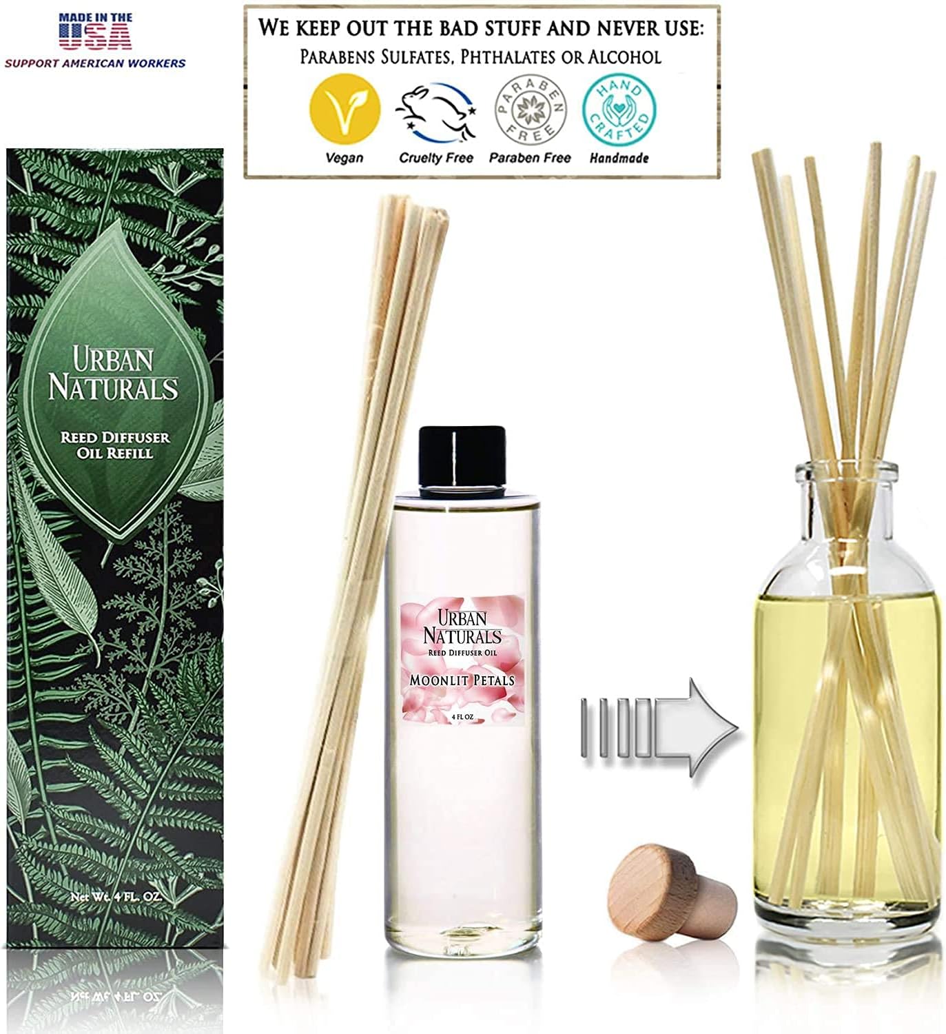 Urban Naturals Moonlit Petals Reed Diffuser Refill, 4 oz, Bundle with Moonlit Petals Reed Diffuser Set - Made with Essential Oils in The USA