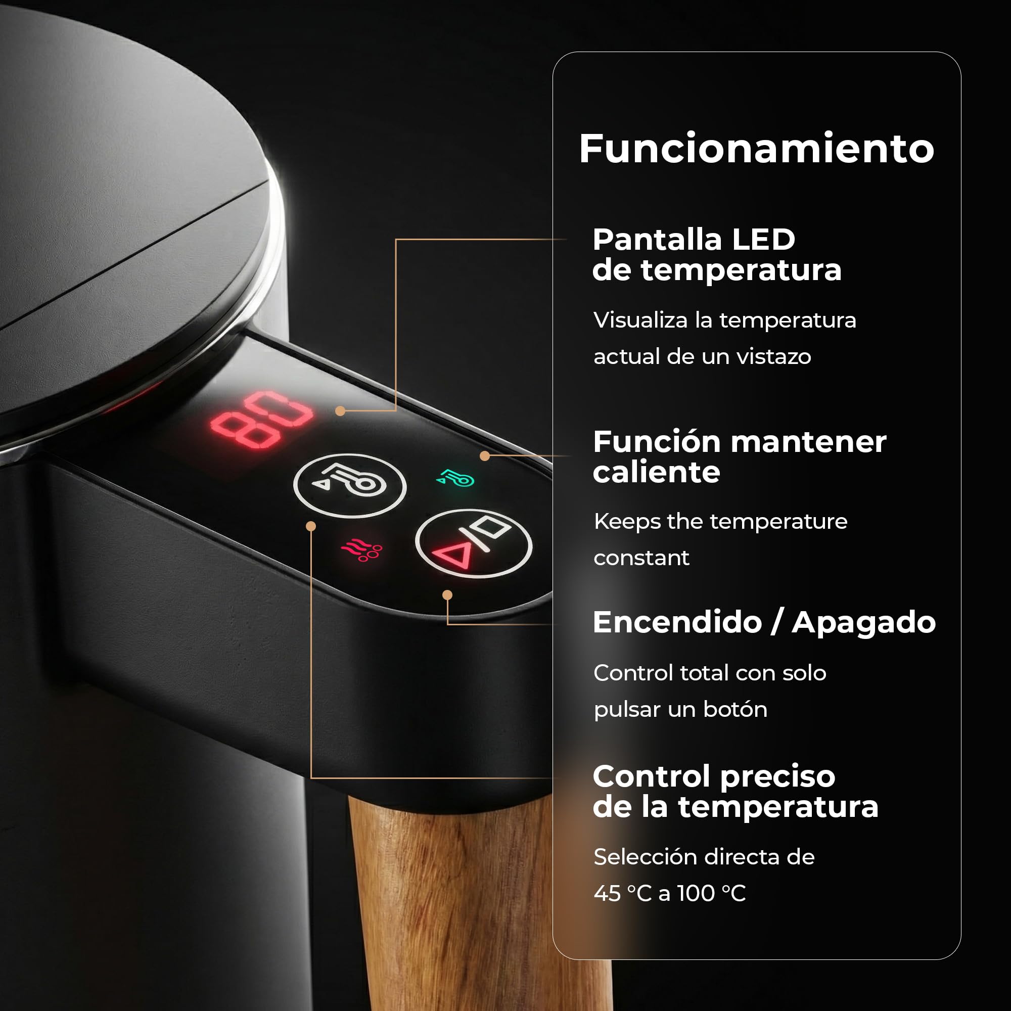 BALTER Hervidor Agua Electrico, regulador de temperatura, 45 °C a 100 °C, acero inoxidable, doble pared, sin BPA, 1,5 l, 2200 W, negro