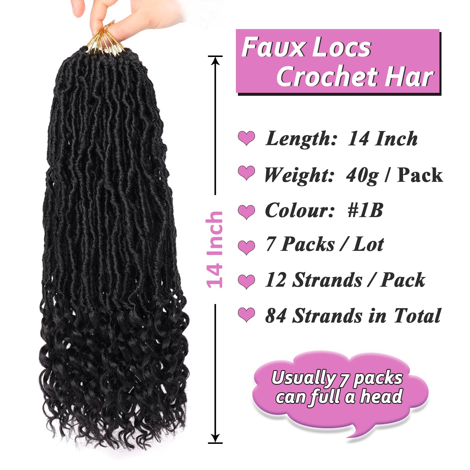Samtress 14 Inch 7 packs Faux Locs Crochet Hair With Curly Ends Natural Wavy Nu Goddess Locs Synthetic Braiding Hair Extensions Natural Black (#1B) - Image 2