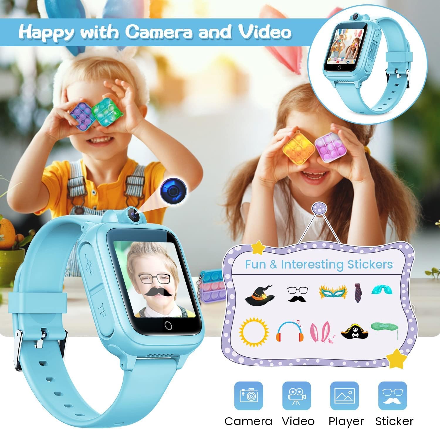 Awatty Smartwatch Kinder, Kinderuhr Jungen Mädchen, Kinderspielzeug 3 4 5 6 7 8 9 10 11 12 Jahre, Geburtstagsgeschenke, mit 90° drehbare Kamera, 14 Spiele, Musik, Wecker, Stoppuhr, Datum - Blau