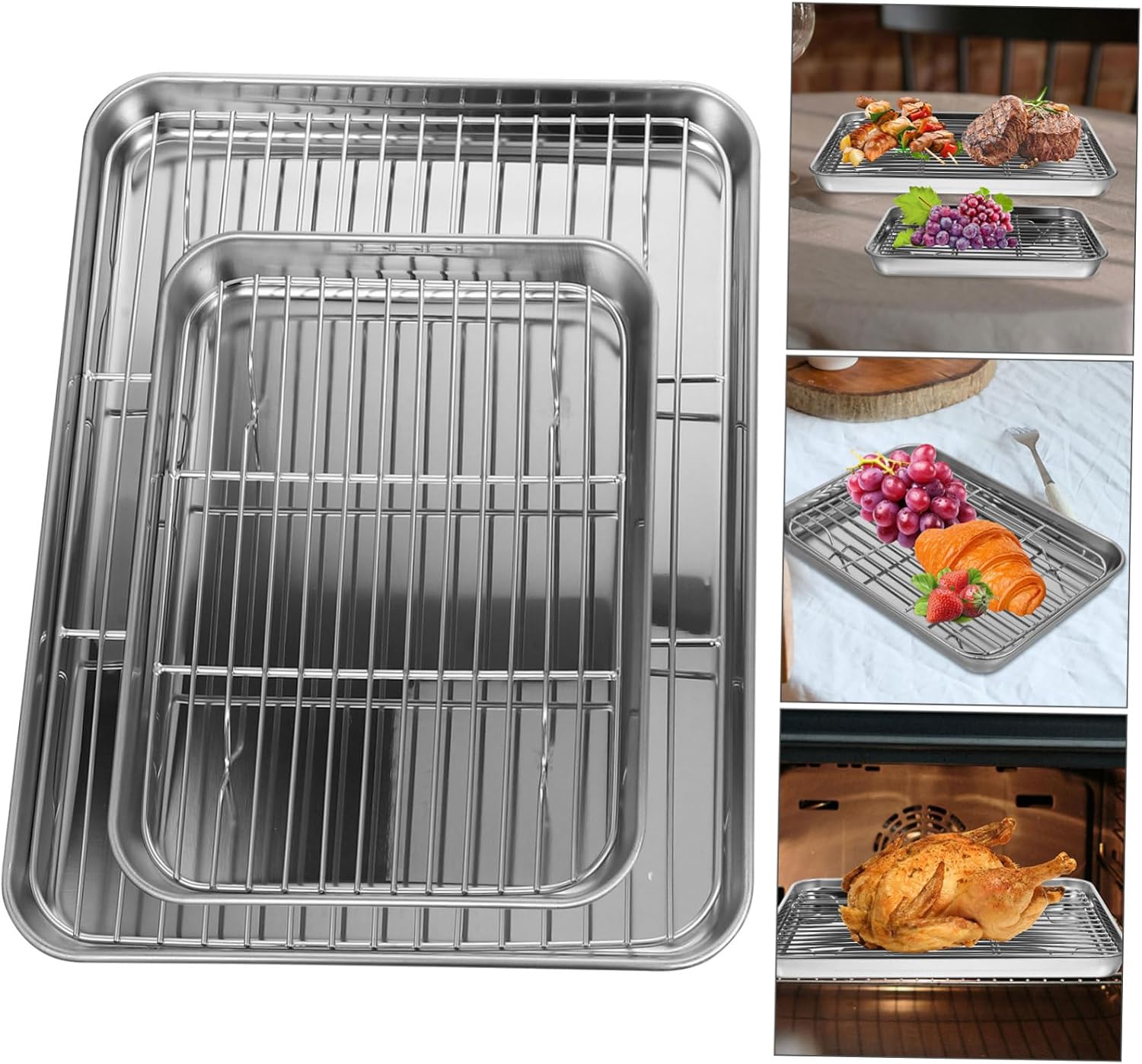 2pcs Square Stainless Steel Baking Sheets Wire Rack Fruit Vegetable Drain Pans Storage Pans for Kitchen Organization