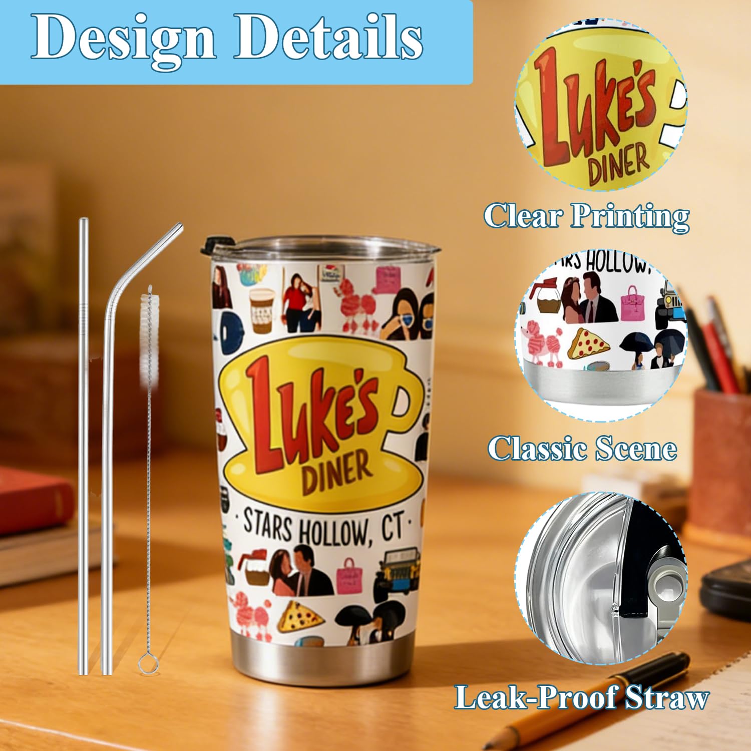 Onperpoe Bicchiere da caffè ispirato a Gilmore, tazza da caffè da viaggio ispirata a Luke's Diner, con cannuccia e coperchio, in acciaio inox, isolante, regalo per ragazze e fan, 590 ml