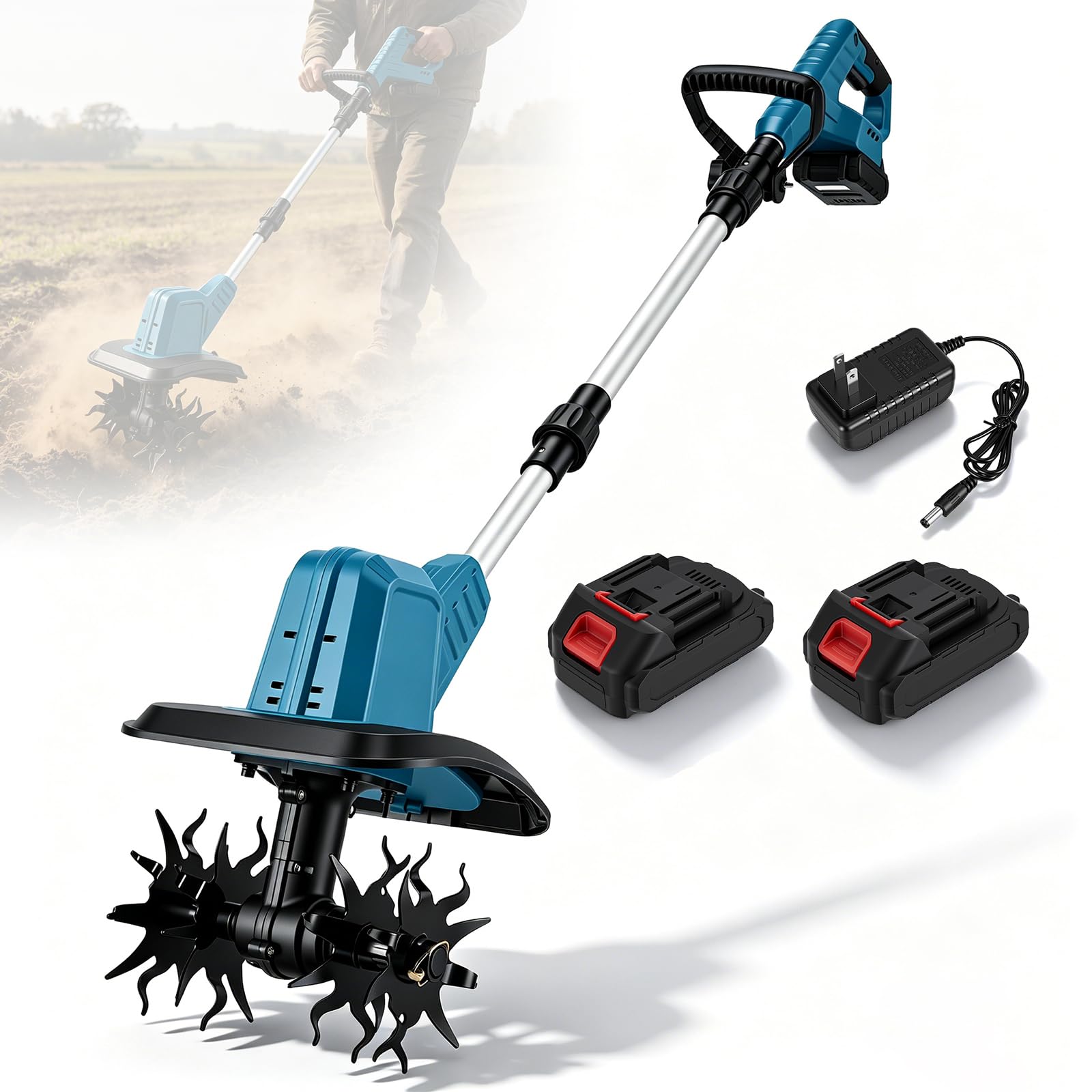 Motobloque plegable con batería de 2 x 21 V, 600 W | Ancho de trabajo 22 cm profundidad 17 cm, motor sin escobillas, máquina de binadora eléctrica para jardín y césped
