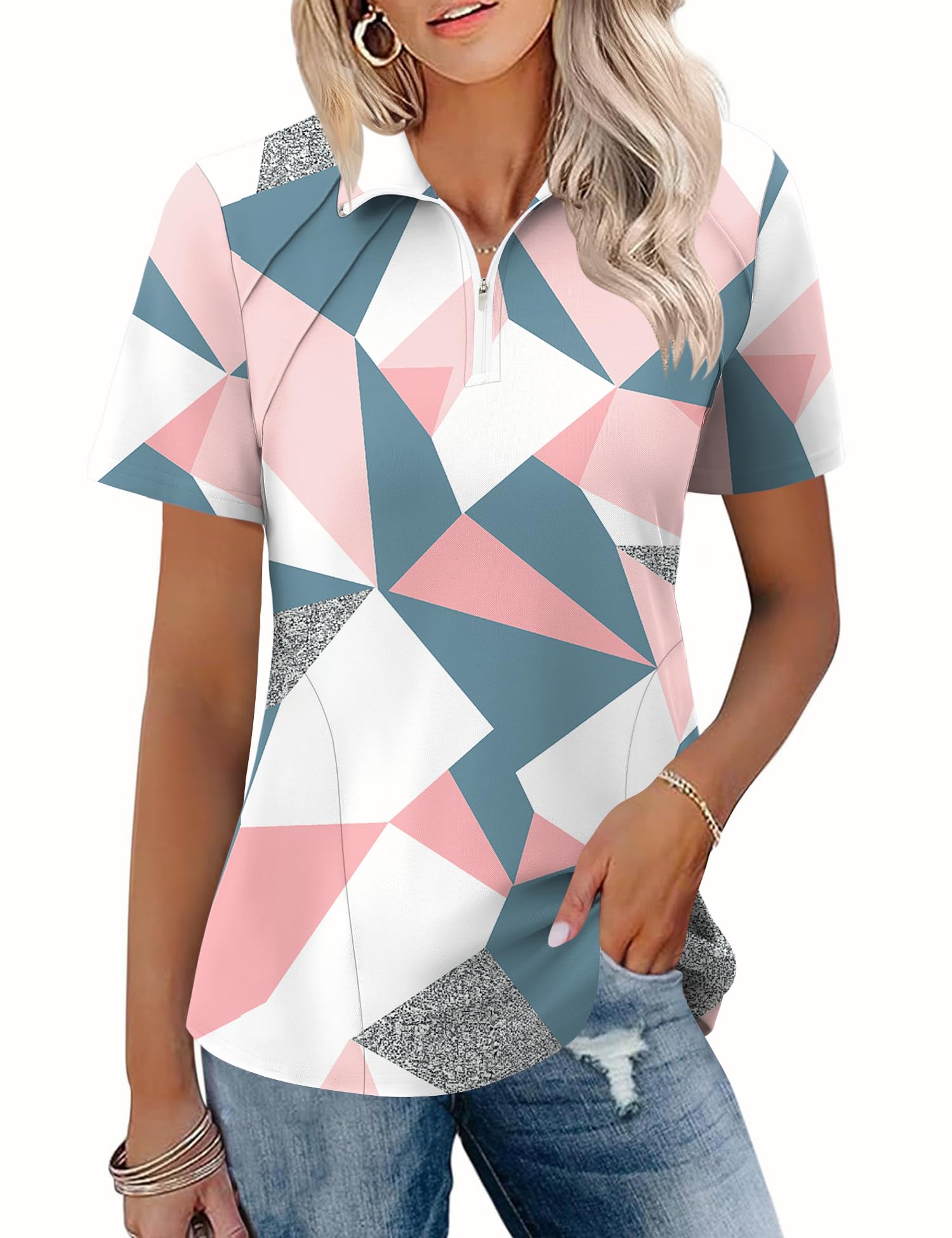 LOMON Womens Golf Polo Shirt Summer Short Sleeve Quarter Zip Outfit