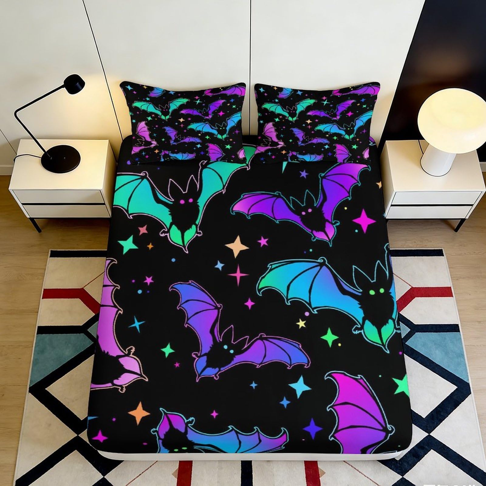 3D Printed Bat Design Fitted Sheet Microfiber Deep Pocket Bedroom Bedding Bat Mattress Fitted Cover Non-Slip Full Wrap Washable for Adults Teens 200x200x25cm 90x200x25cm