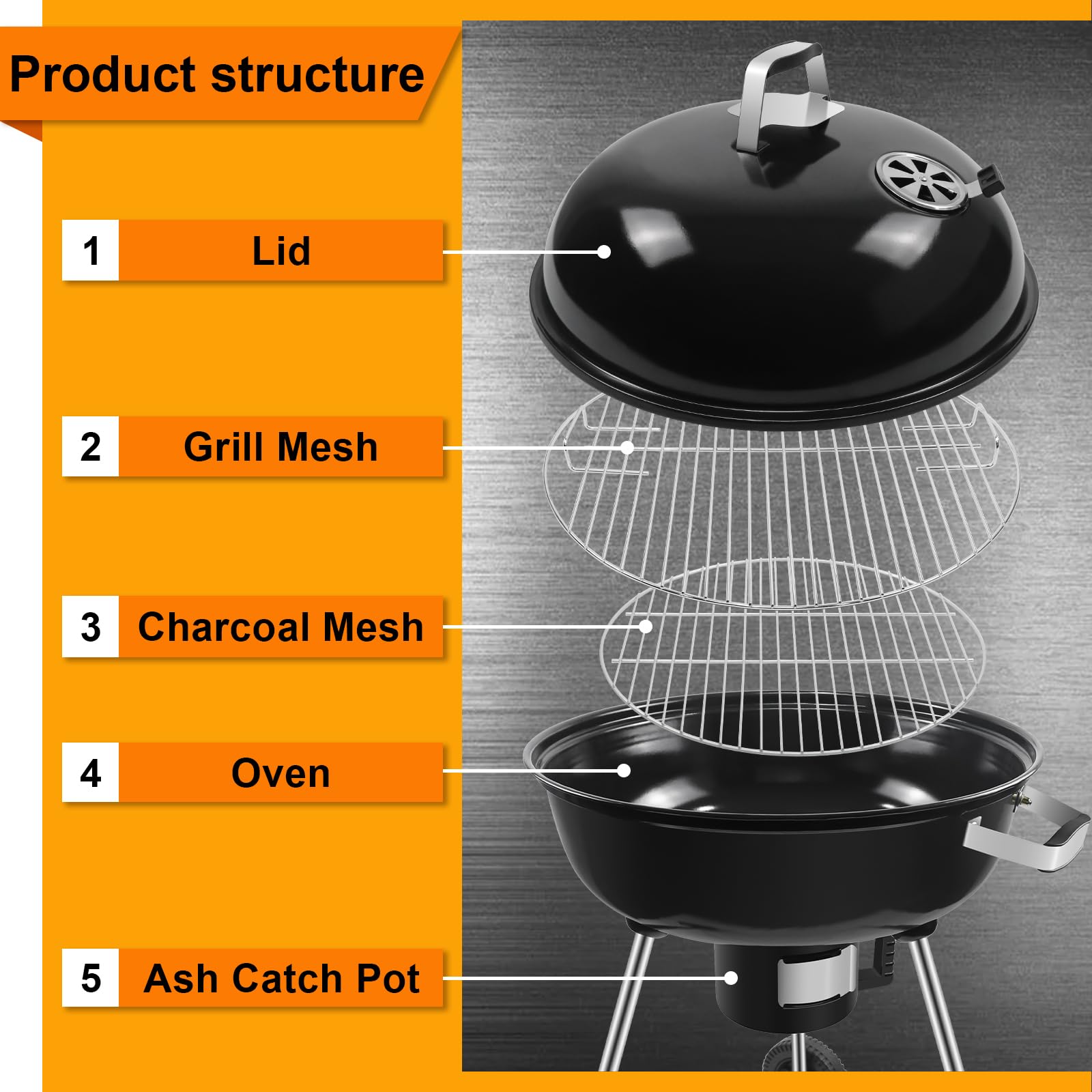 Kugelgrill Holzkohlegrill mit Deckel 64x64x99 cm Schwarz | Grillrostdurchmesser 54 cm, Holzkohlegrillwagen mit Rädern, Für Camping geeignet