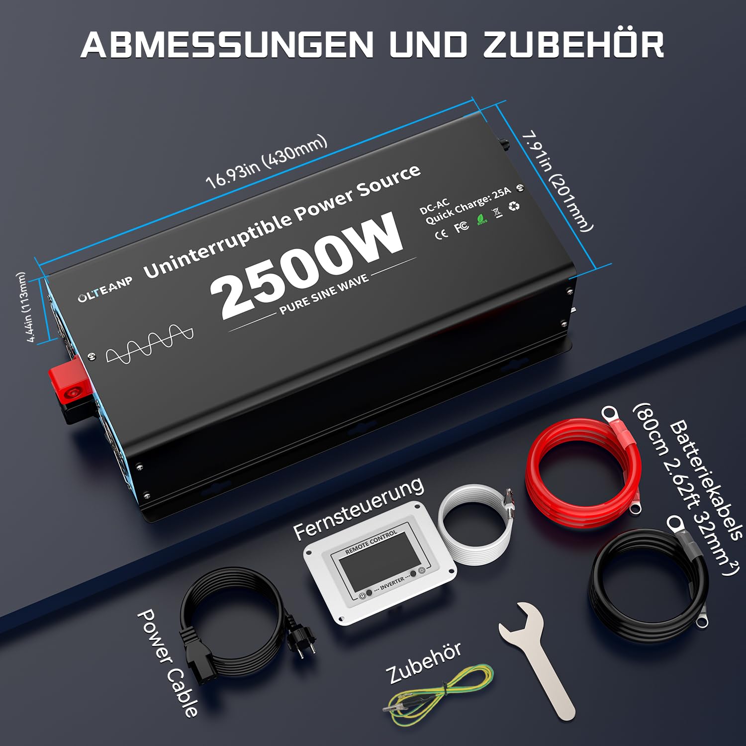 OLTEANP 2500W Wechselrichter12V auf 230V Reiner Sinus,Spannungswandler mit Netzvorrangschaltung und ladefunktion und USV Funktion,Fernbedienung mit LCD-Bildschirm, Automatische Umschaltung für Netz