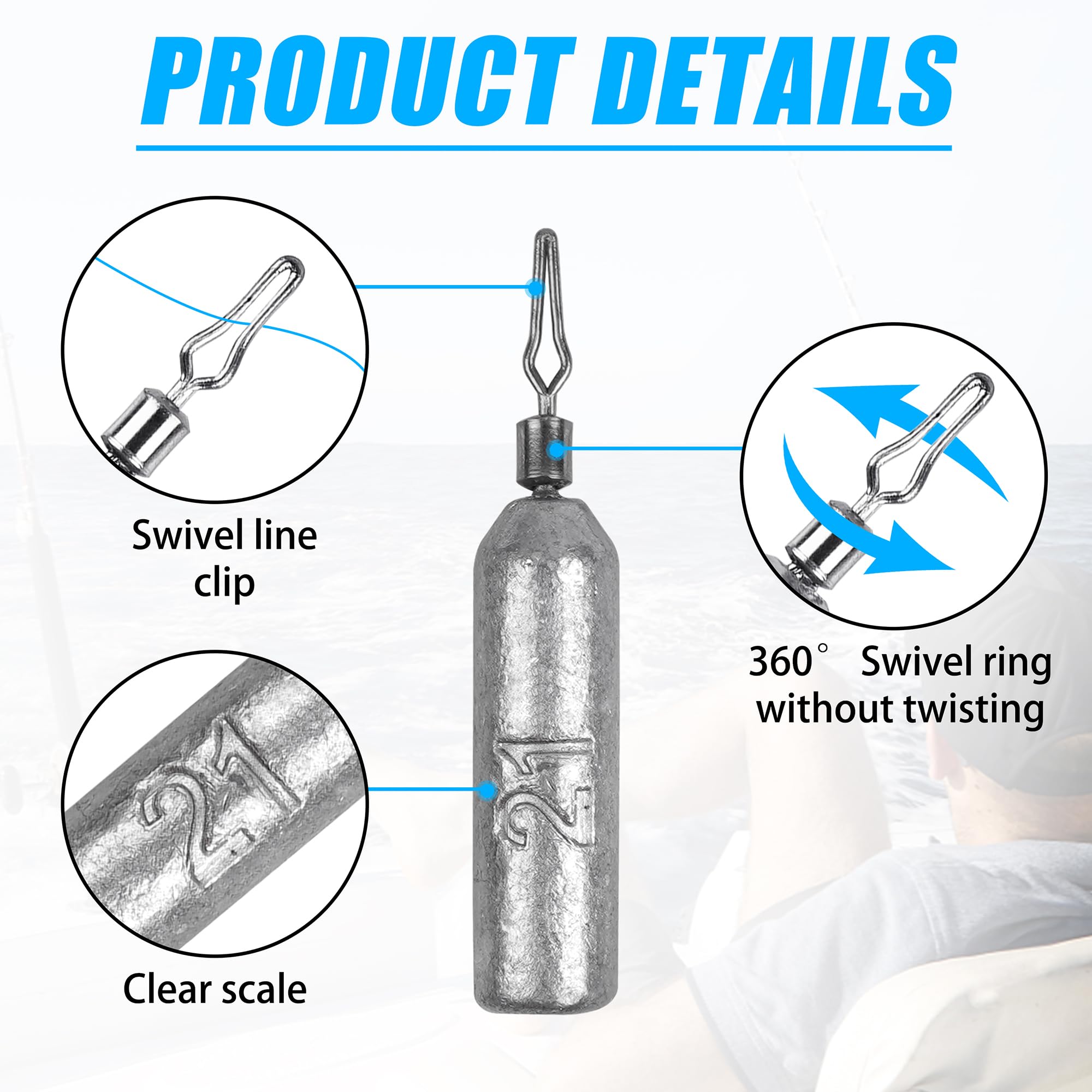 Paquete de 30 plomos de pesca con pivotes rodantes, plomos delgados, con forma de lápiz, peso de deriva, bajo derecho, cilindro extraíble para pesca de gato (20 g, 30 unidades)