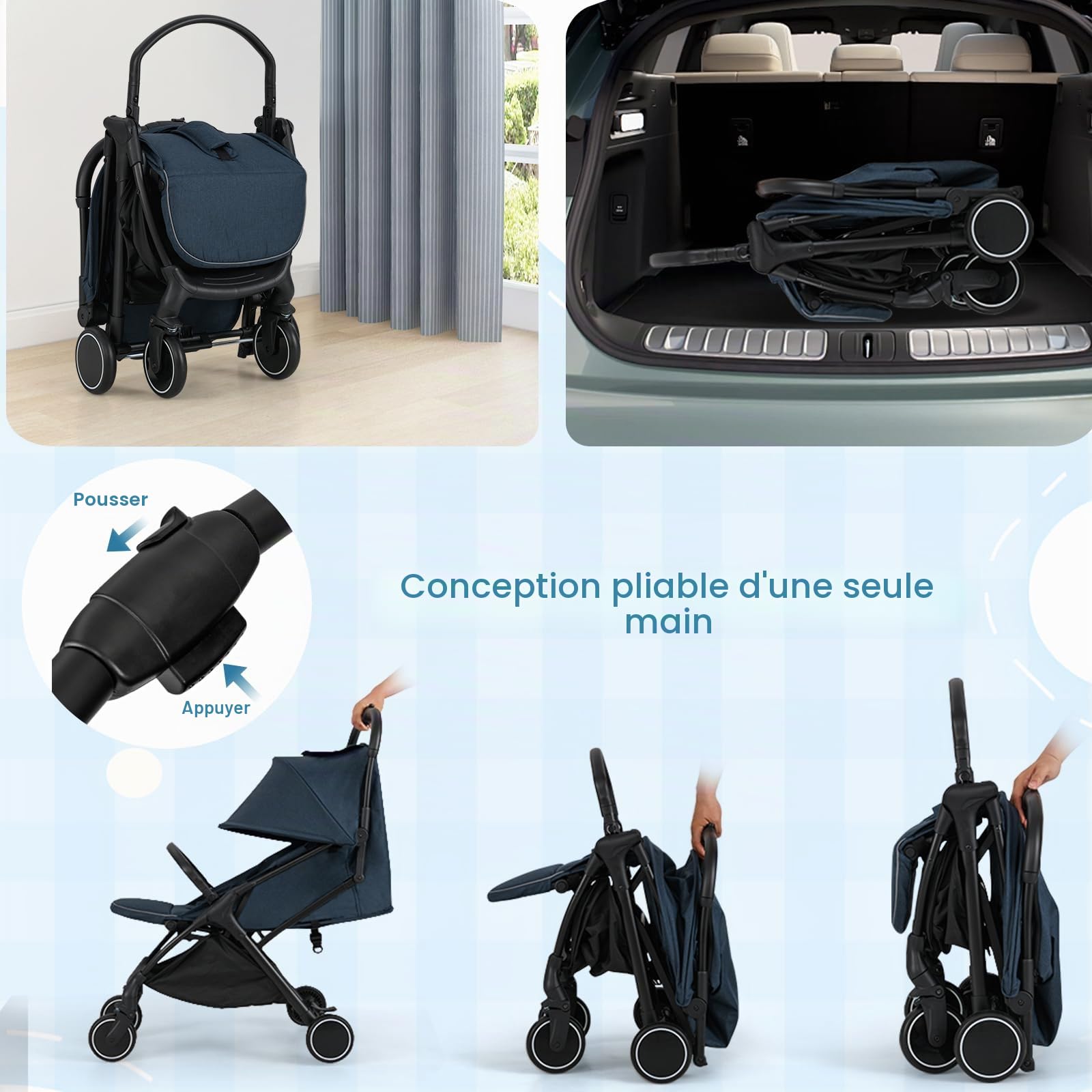 LIFEZEAL Poussette pliante avec dossier réglable - Avec fonction de sommeil - Poussette de voyage légère pour bébé de 0 à 3 ans - Charge maximale : 15 kg (93 x 35 x 103 cm, bleu + noir)