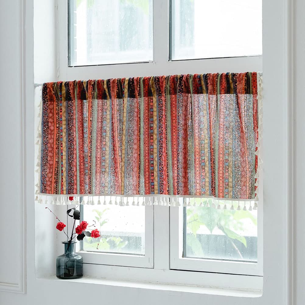 ACMHNC Zazdrostka w stylu vintage, boho, do kuchni, w stylu wiejskim, bistro, bawełna, len, krótka firanka z frędzlami, do kawiarni, do salonu, dekoracja okienna, 1 sztuka, czerwona, szer. x wys. 150 x 180 cm