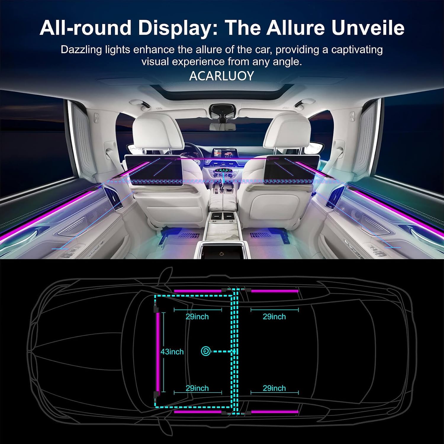 Acrylic Car Interior LED Lights, Wireless App, Ambient Lighting Kit, Fiber Optic LED Light Strips, 24 Million Colors, Music and DIY Functions