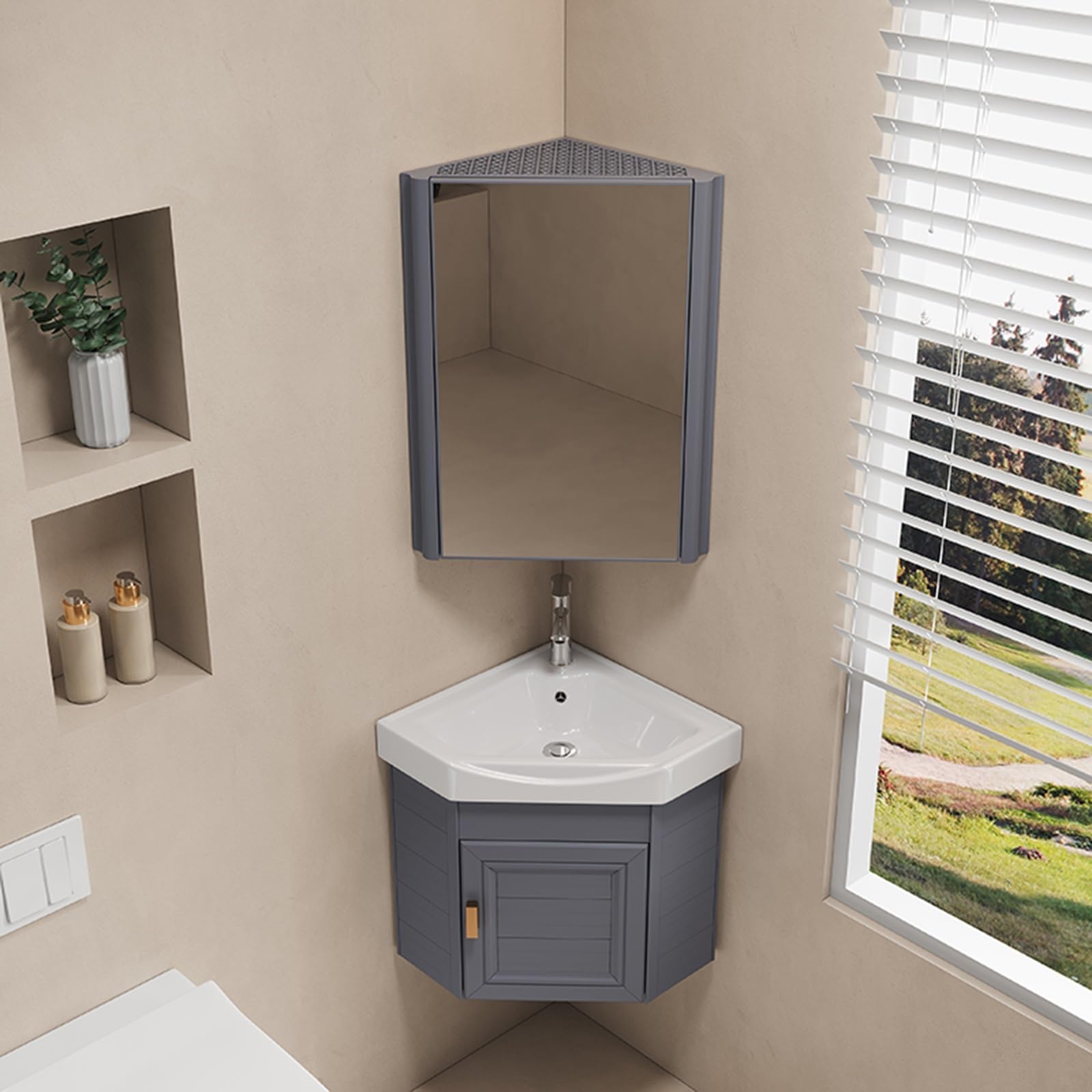 GLJTUO Wall-Mounted Corner Bathroom Sink with Vanity Cabinet – Space-Saving Floating Washbasin for Small Bathrooms, Guest WC, and RVs – ct Design for Efficient Use,Dark Gray-43cm/16.92in