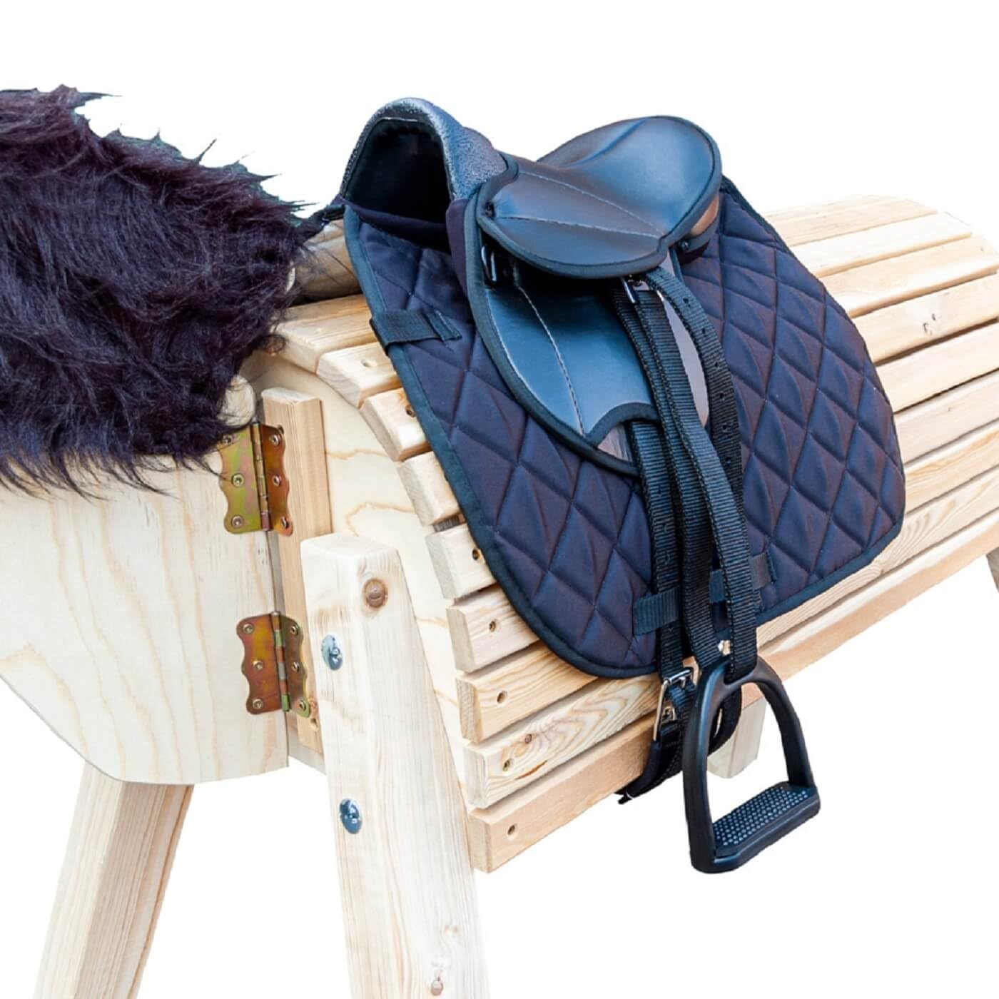Brama West - Conjunto de silla de montar para caballo de madera "My Happy Pony" | Silla de montar para shetty, caballo de madera y caballo de peluche | con sudadero, cincha, estribos y aciones (Negro)