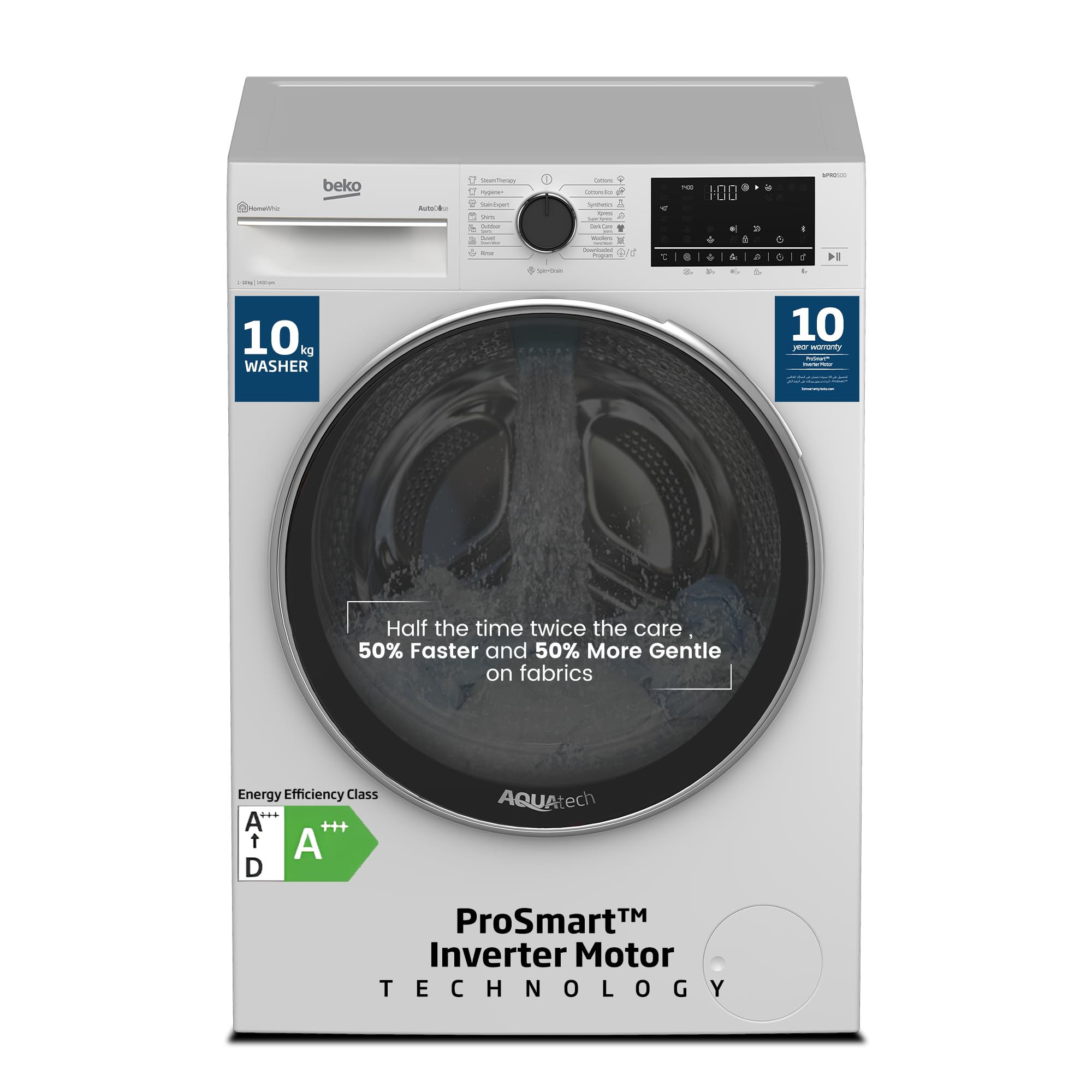 10kg Front Load Washing Machine, 1400 RPM, 15 Programme, White Colour, SteamTherapy,AquaTech,Autodose,Daily Xpress(full load) 28 min,low noise,10 yrs warranty on Prosmart inverter motor,WTE1014XW