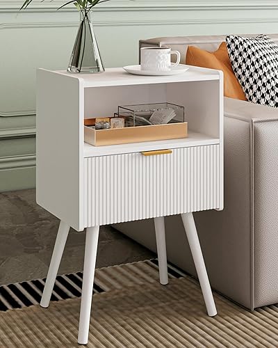 Mesita de noche, moderna mesita de noche con cajón de almacenamiento y estante de madera abierta, mesita de noche decorativa con patas de madera