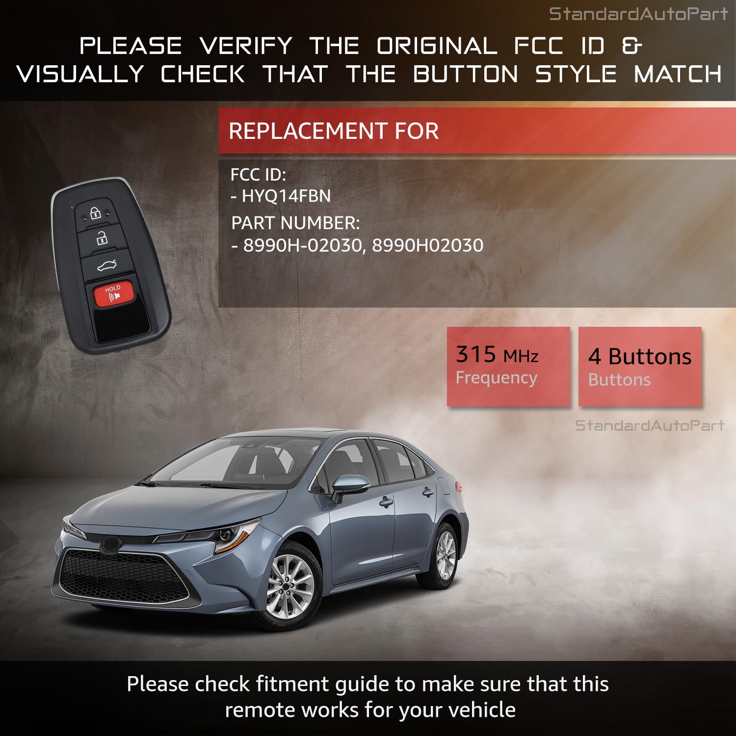 Repuesto Llavero Toyota Corolla Hybrid 2019-2021 - 4 Botones, 315MHz, Número Pieza 8990H-12040