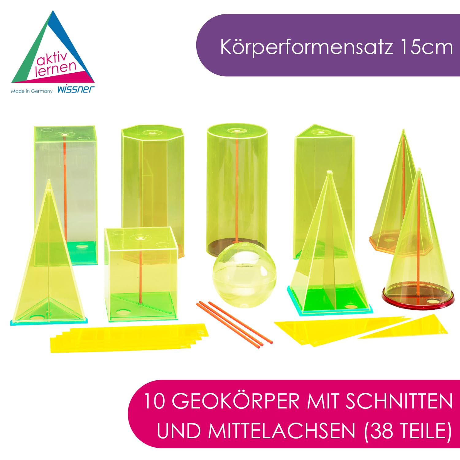 WISSNER aktiv lernen - Körperformensatz 15cm 10 Geokörper mit Schnitten und Mittelachsen (38 Teile) – RE-Plastic
