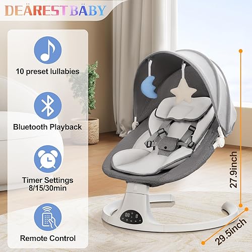 Miniatura 8 de Columpio de bebé para recién nacido a niño, columpio portátil de 5 velocidades con control táctil inteligente, control remoto, 10 canciones de cuna,