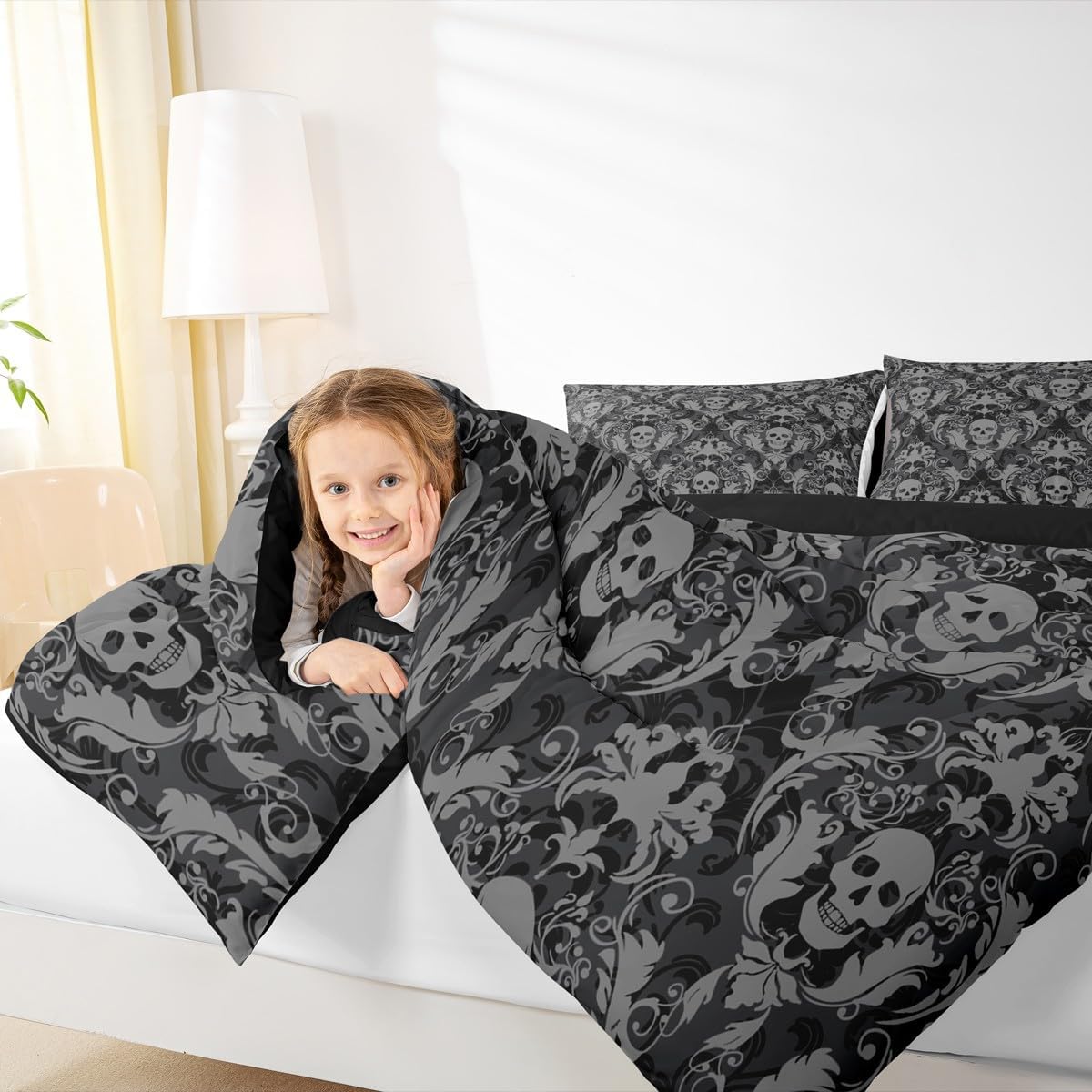 Sugar Skull Bedding Set for Kids Boys Girls Grey Black Damask Floral Comforter Set Twin Size Vintage Jacquard Duvet Quilt Bedroom Decor Breathable Soft Lightweight Microfiber Exotic Floral 2Pcs
