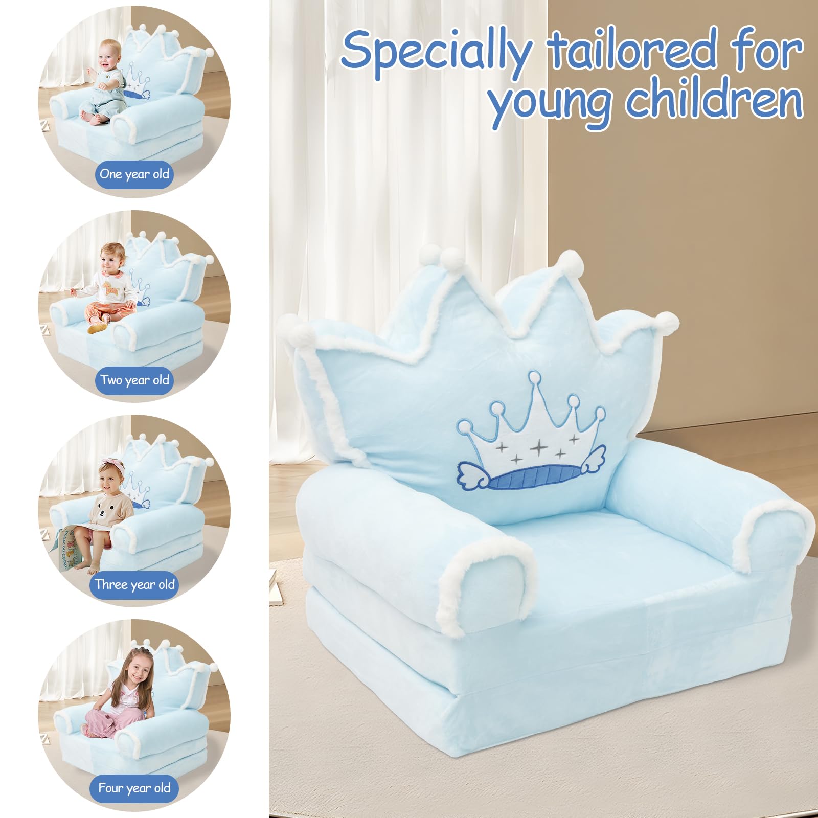 Krzesło dla małych dzieci, wygodna sofa do spania, składana kanapa dla małych dzieci, lekka kanapa dla niemowląt, przenośna kanapa dla dzieci w wieku od 1 do 4 lat (niebieska korona futrzana)