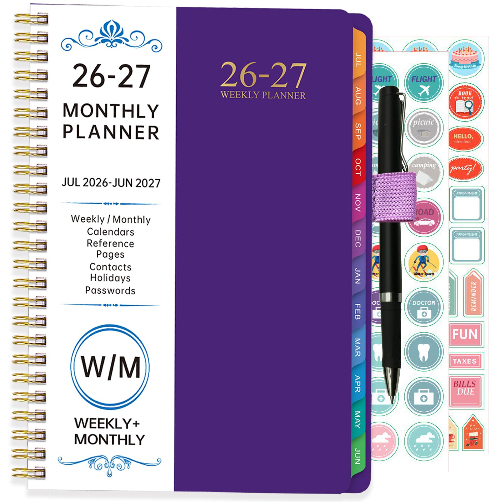 A5 Spiral Academic Diary 2026-2027, Week to View Planner with Monthly Tabs, Waterproof Cover, Includes Pen, Stickers & Pen Holder, 100gsm Premium Paper, for Student Teacher Work Family