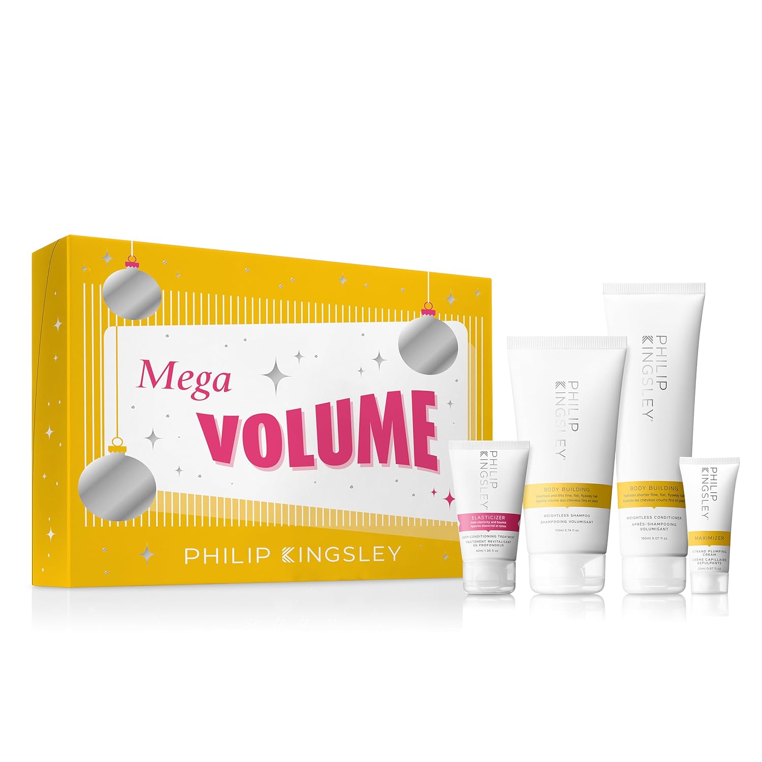 Philip Kingsley Retro Christmas Collection Mega Volume - Elasticizer Deep-Conditioning Hair Mask Treatment, Body Building Volumizing Shampoo and Conditioner Set, Maximizer Strand Plumping Cream