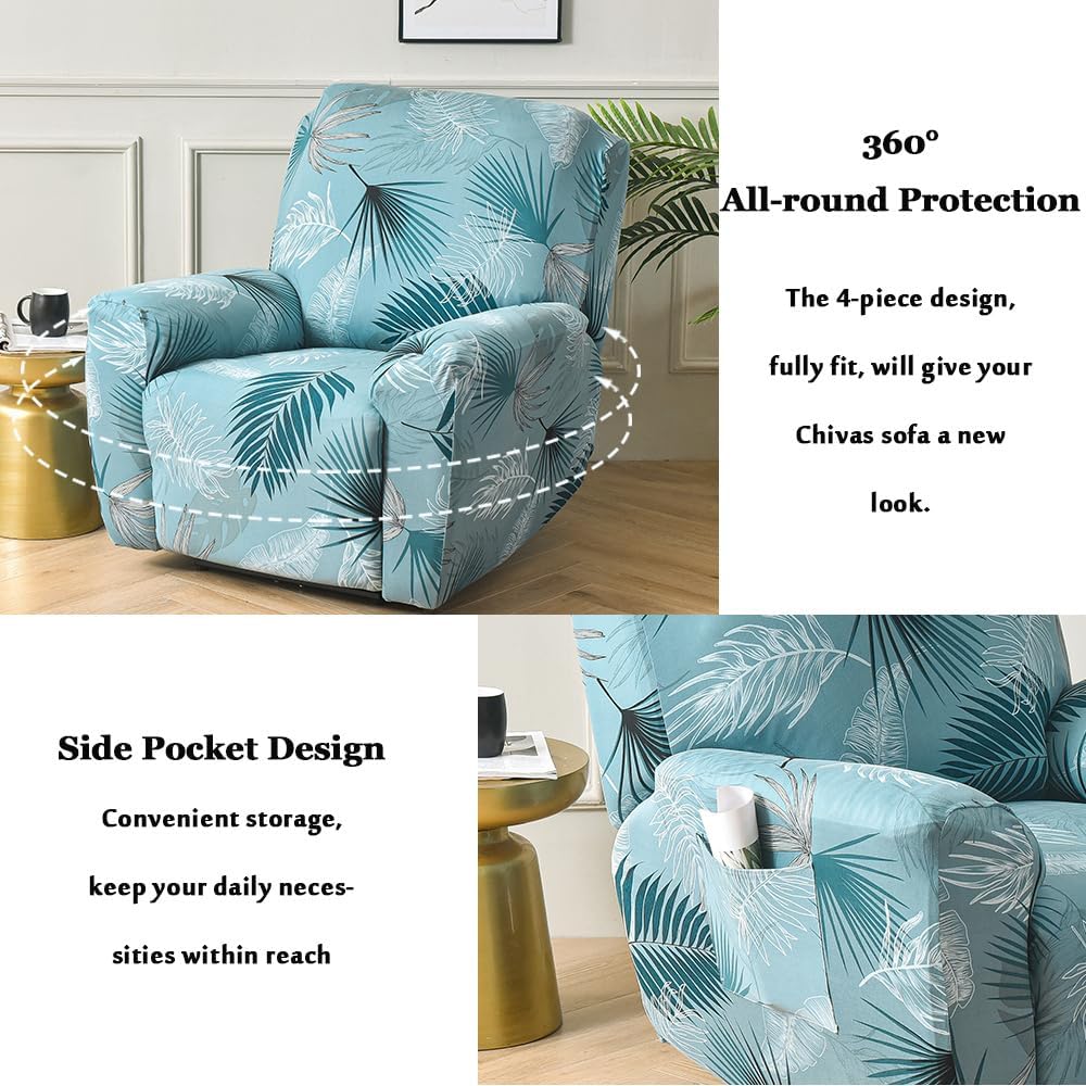 Morbuy Recliner Covers 4-Pieces Modern Simple Printed Stretch Spandex Recliner Slipcovers for Recliner Chair with Pocket, Anti-Slip Furniture Protector with Elastic Straps Bottom (Palm Leaves)