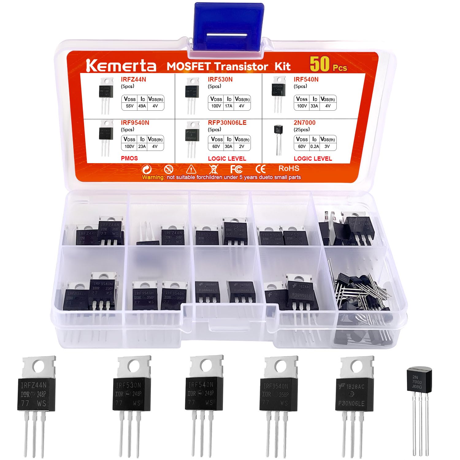 Kemerta 50PCS MOSFET Transistor Kit: IRFZ44N IRF540N IRF9540 2N7000 & More - N/P Channel Logic Level for Power Switching