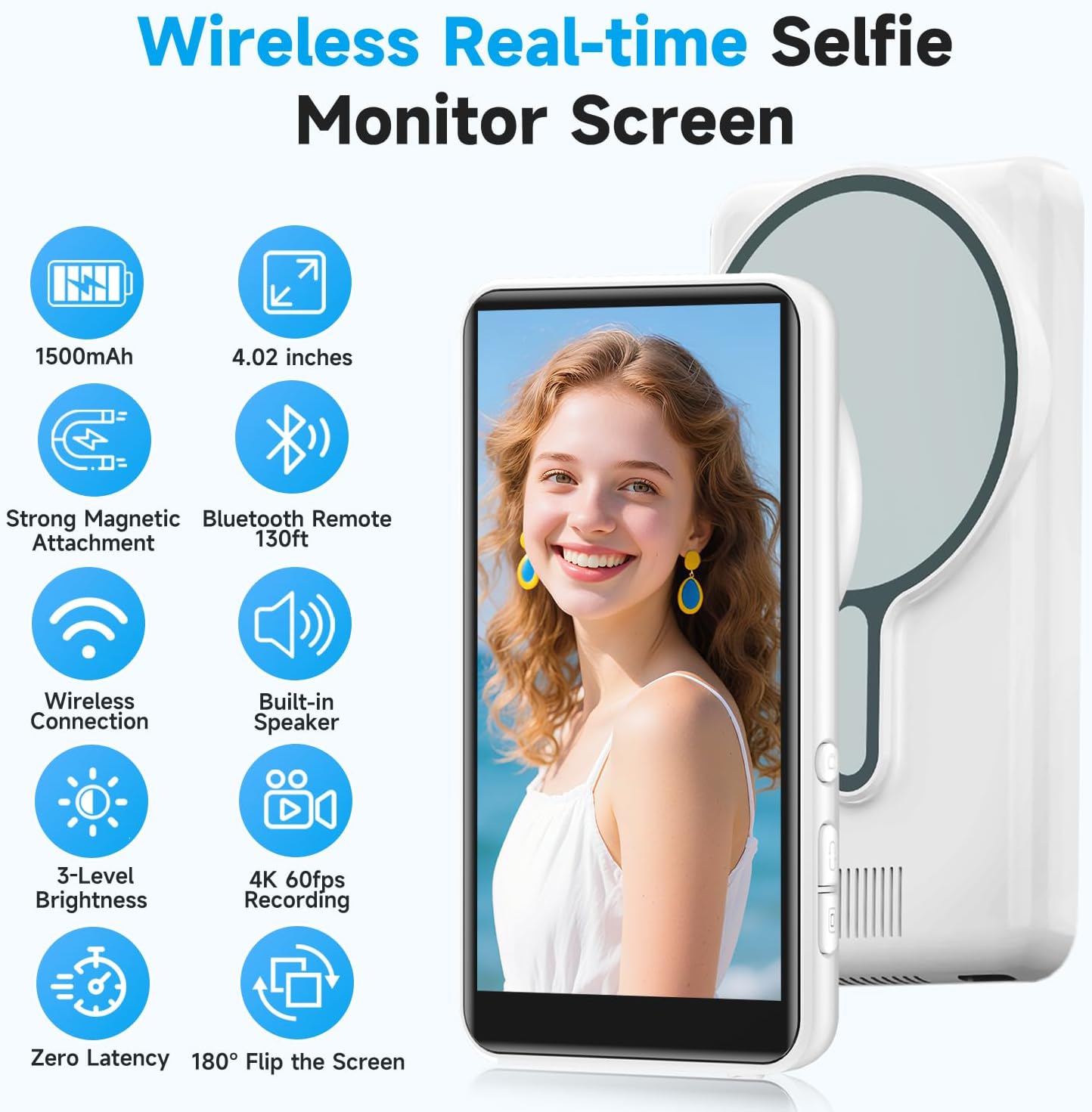 Vlog Selfie Monitor Screen, Back Camera Monitor Screen for iPhone, Wireless Magnetic Phone screen mirroring with Bluetooth Remote Speaker for YouTube Live Stream TikTok, Compatible with iPhone Android