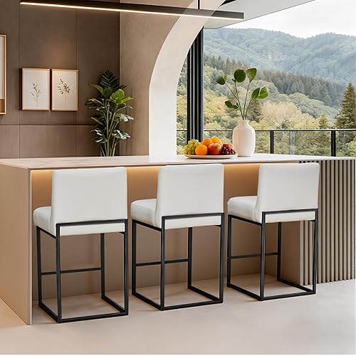 Counter Height Bar Stools,Bar Stools Set of 3,26" PU Leather Modern Kitchen BarStools with Backs,Bar Chairs with Metal Black Frames,Beige White/PU