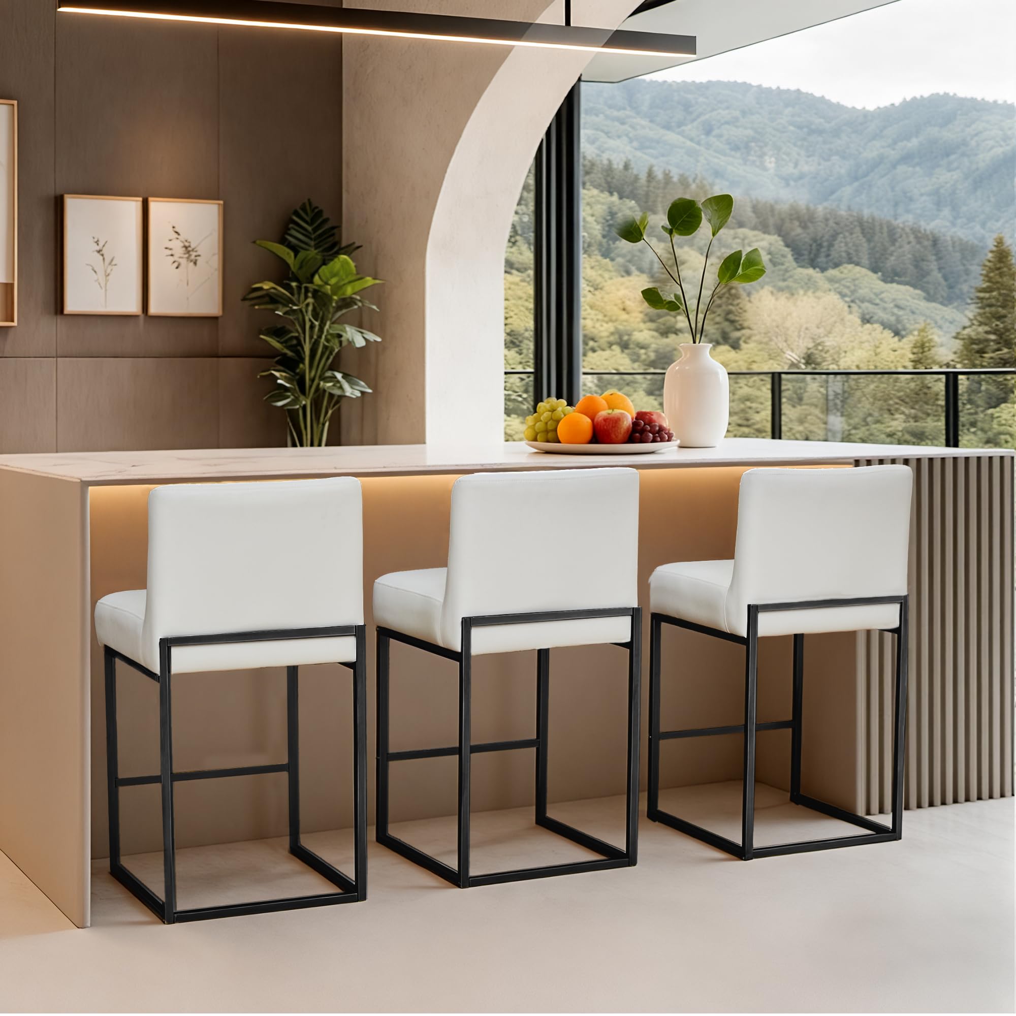 LVHOMLAX Counter Height Bar Stools,Bar Stools Set of 3,26" PU Leather Modern Kitchen BarStools with Backs,Bar Chairs with Metal Black Frames,Beige