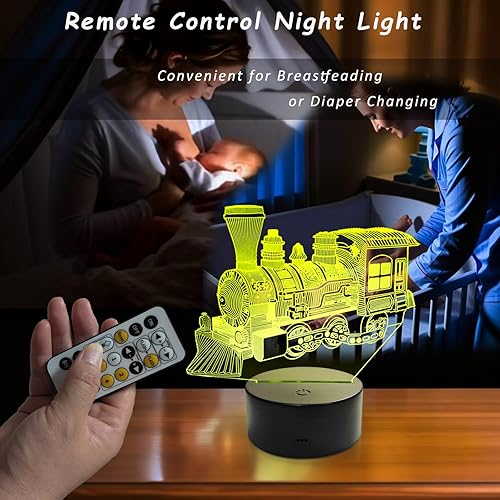 Miniatura 7 de Luz nocturna de tren de vapor, lámpara de ilusión 3D para niños, multicolor cambiante con control remoto de temporizador, trenes de juguete, regalos