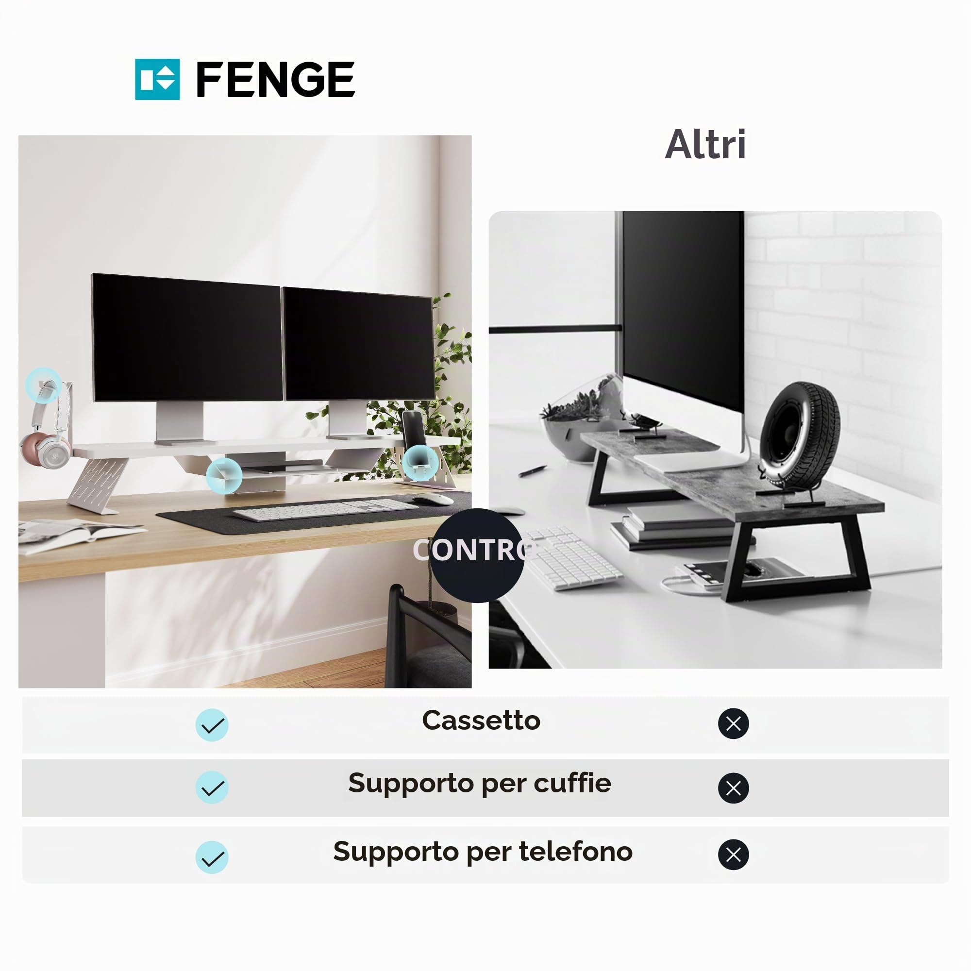 Fenge Supporto per Doppio Monitor con supporto per telefono/auricolare, Organizer Ergonomico per Scrivania per PC, Laptop Stampante, 108xW25xH13,8cm Capacità di carico 30KG (Bianco)