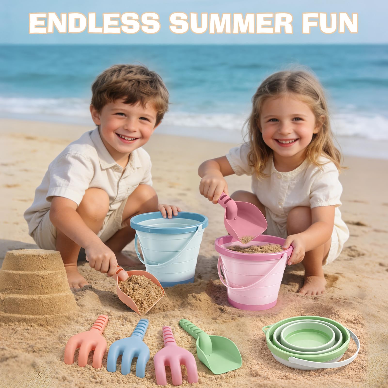 Dreamon Beach Toys, 13PCS Bucket and Spade Beach Set Kids with 4 Collapsible Buckets, 8 Beach Spades & Mesh Beach Bag - Image 4