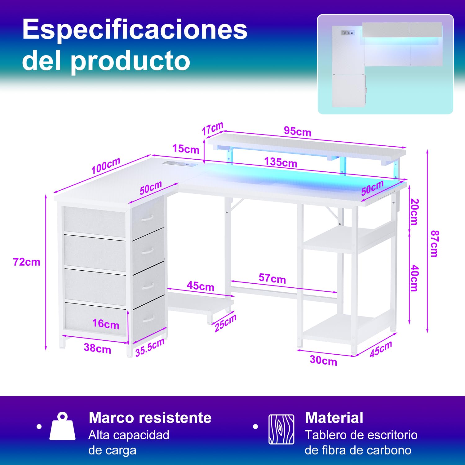 JUMMICO 135cm Mesa en Forma L con Luces LED, Escritorio de Esquina Ordenador para Home Office, Mesa Gaming con Estantes de Almacenamiento, Esquina Reversible y Estructura Estable, Blanco Carbón | Escritorio Gaming Tomas de Corriente y Puertos USB, Escrito