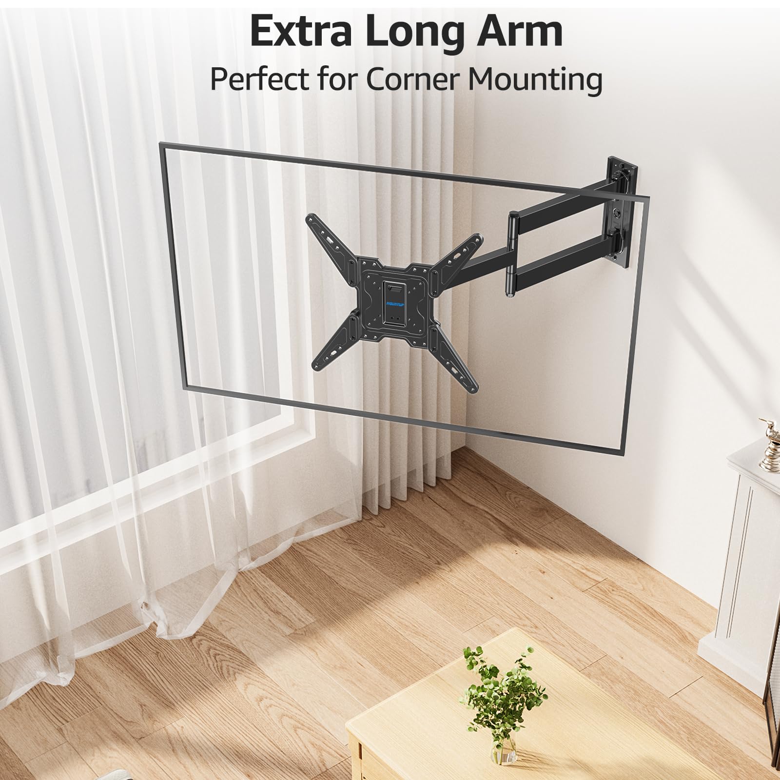 MOUNTUP Soporte de pared de esquina para TV con brazo largo para la mayoría de televisores de 32 a 65 pulgadas, soporte de TV de movimiento completo con soporte de extensión adicional de 31.3