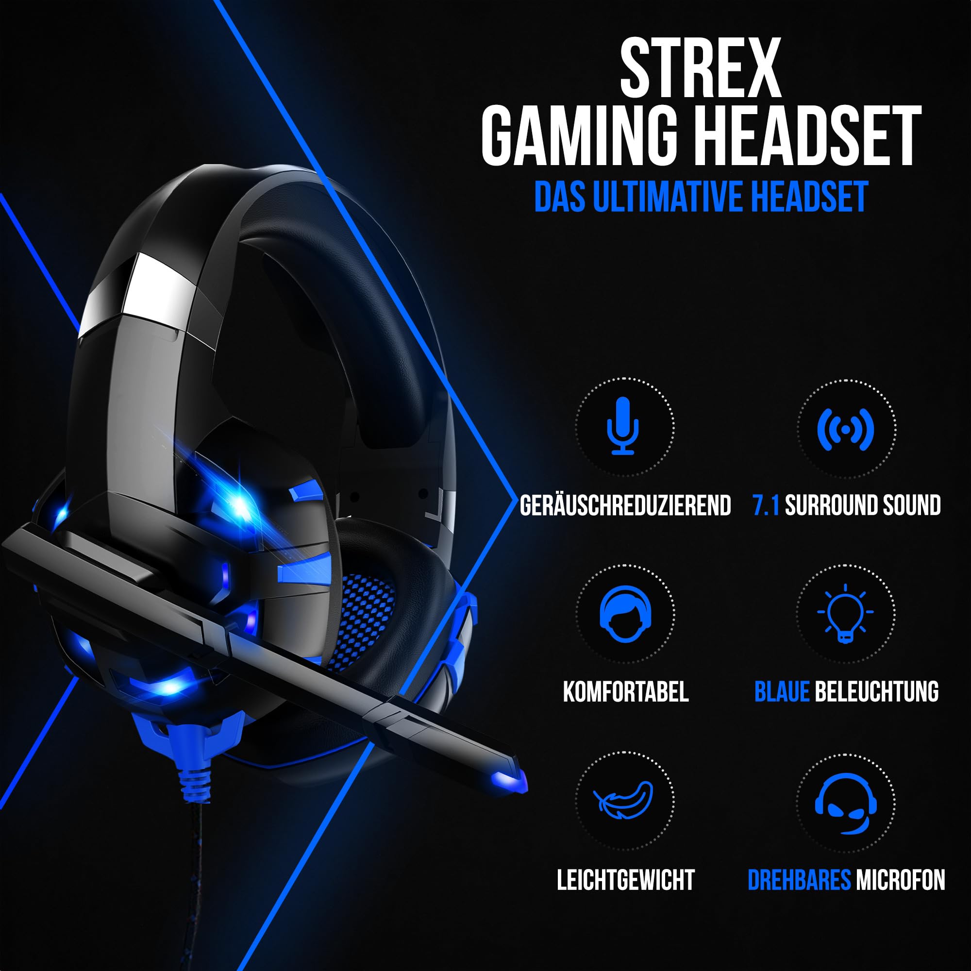 Strex Gaming-Headset mit Mikrofon Blau – Kompatibel mit PC | PS4 | PS5 | Xbox One | Xbox Series