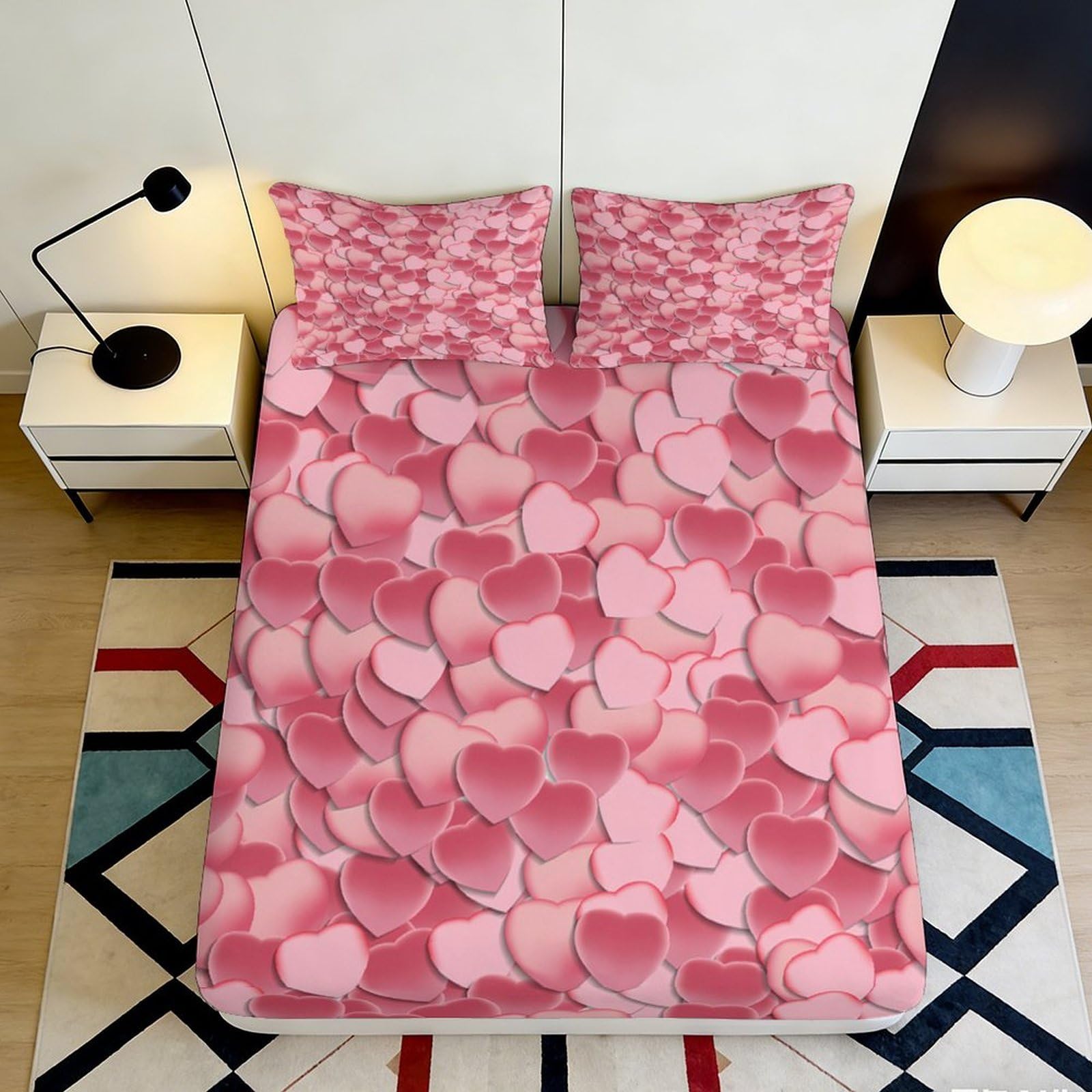 3D Printed Pink Heart Pattern Fitted Sheet Microfiber Non-Slip Mattress Cover Machine Washable Bedroom Decor 160x200x25cm