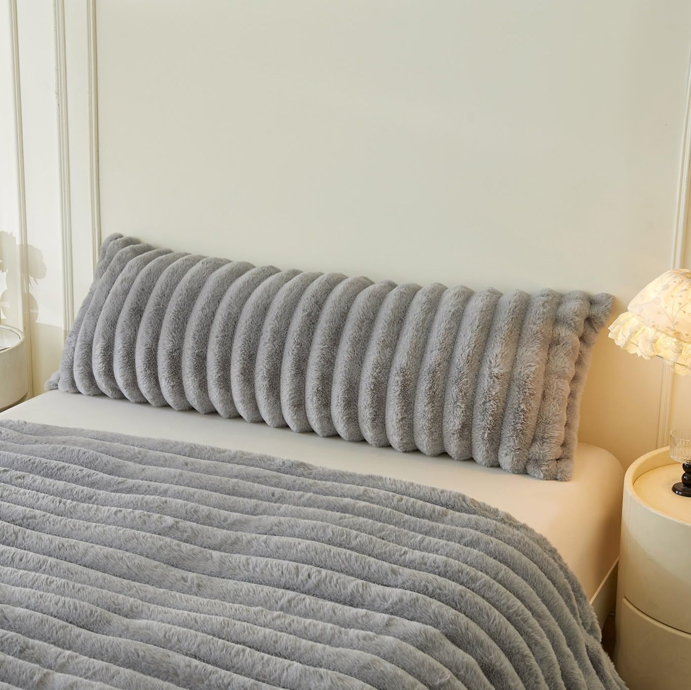 MEGO Fluffy Faux Rabbit Fur Body Pillow Cover, Cozy Plush Fuzzy Wide Striped 20x54 Body Pillowcase with Zipper, Home Decorative Shaggy Furry Ribbed Bedroom Long Pillow Cover Bed Couch Sofa, Light Grey